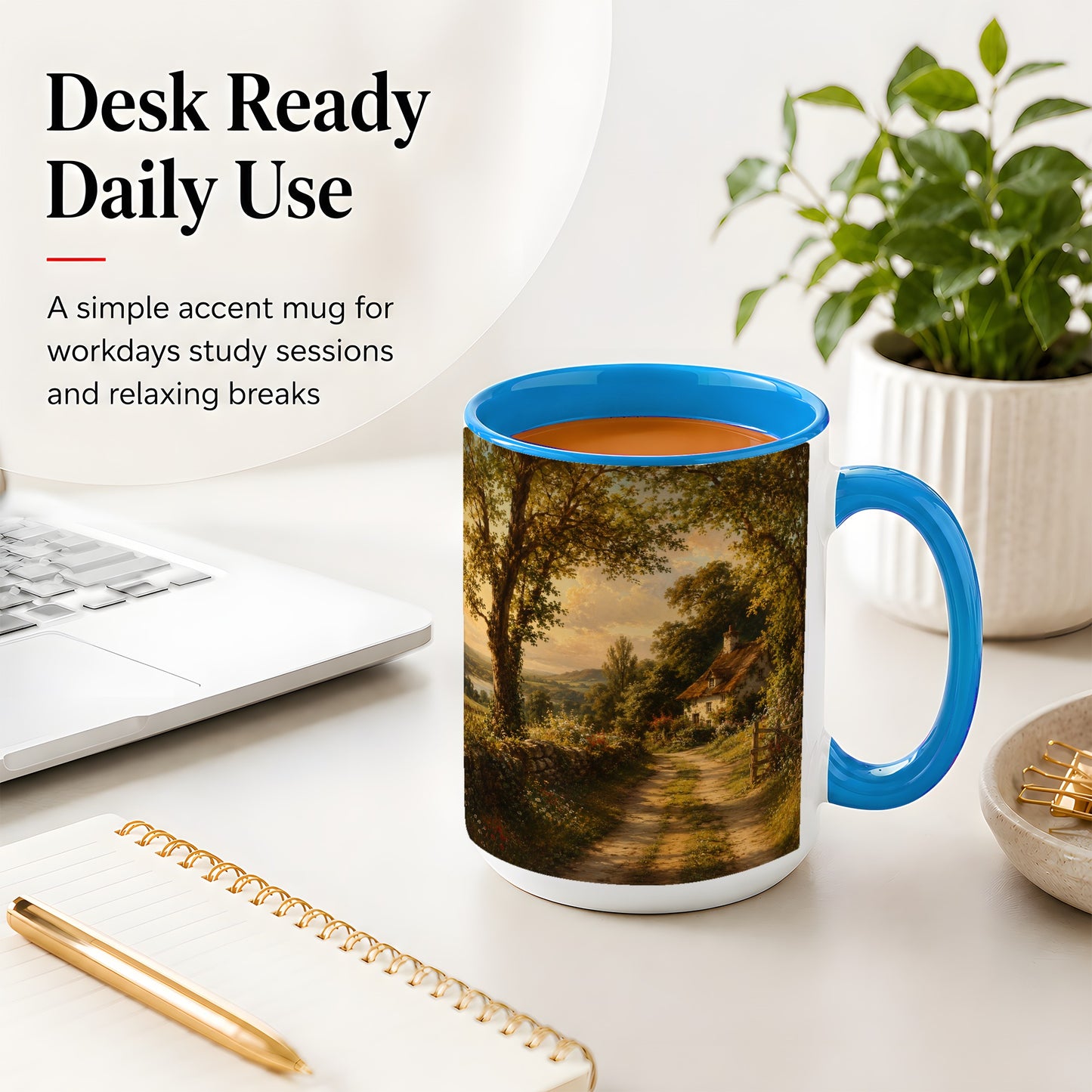 #pl[15oz|Blue] Cottage Countryside Ceramic Mug, Golden Garden Path Landscape