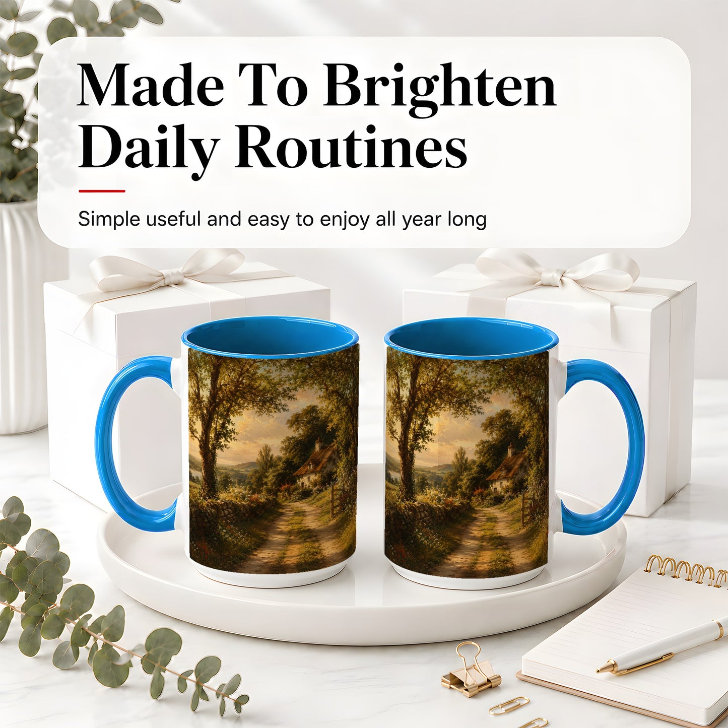 #pl[15oz|Blue] Cottage Countryside Ceramic Mug, Golden Garden Path Landscape