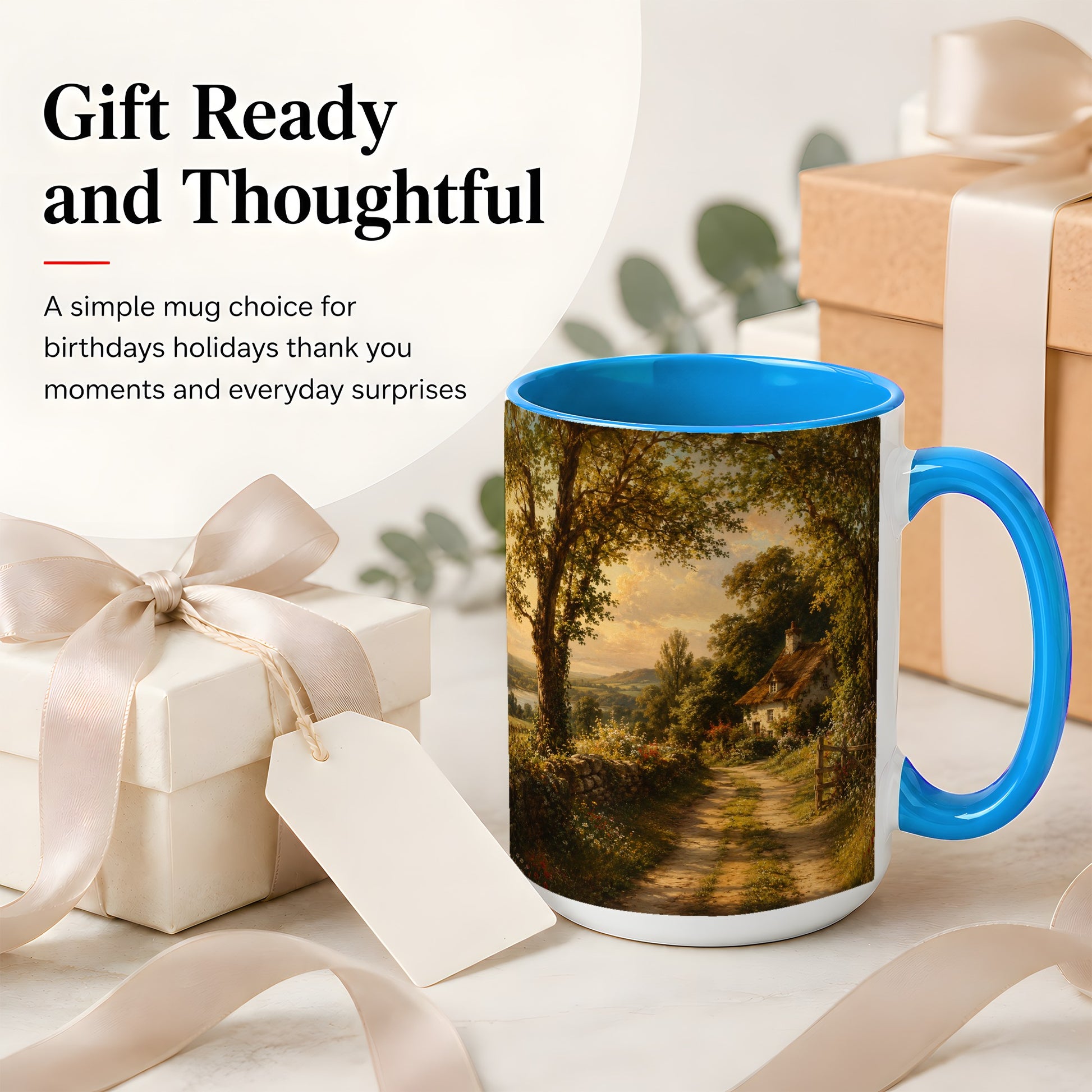 #pl[15oz|Blue] Cottage Countryside Ceramic Mug, Golden Garden Path Landscape