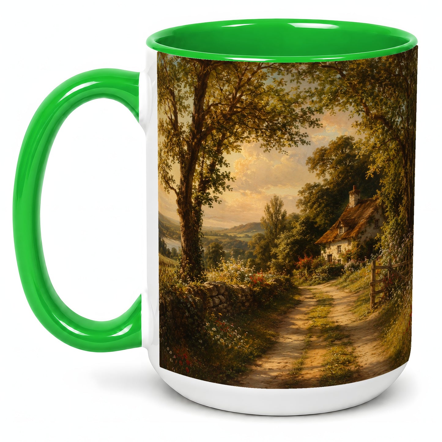 #pl[15oz|Green] Cottage Countryside Ceramic Mug, Golden Garden Path Landscape