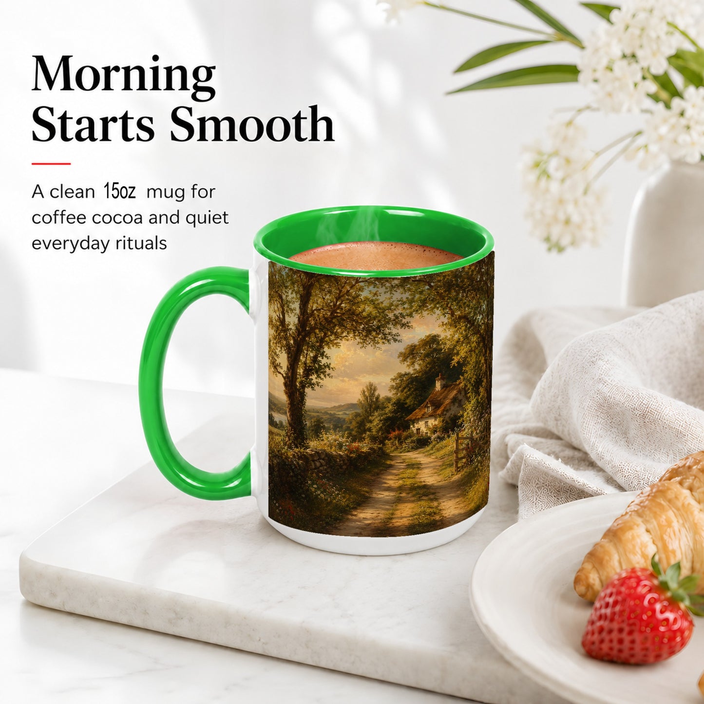 #pl[15oz|Green] Cottage Countryside Ceramic Mug, Golden Garden Path Landscape