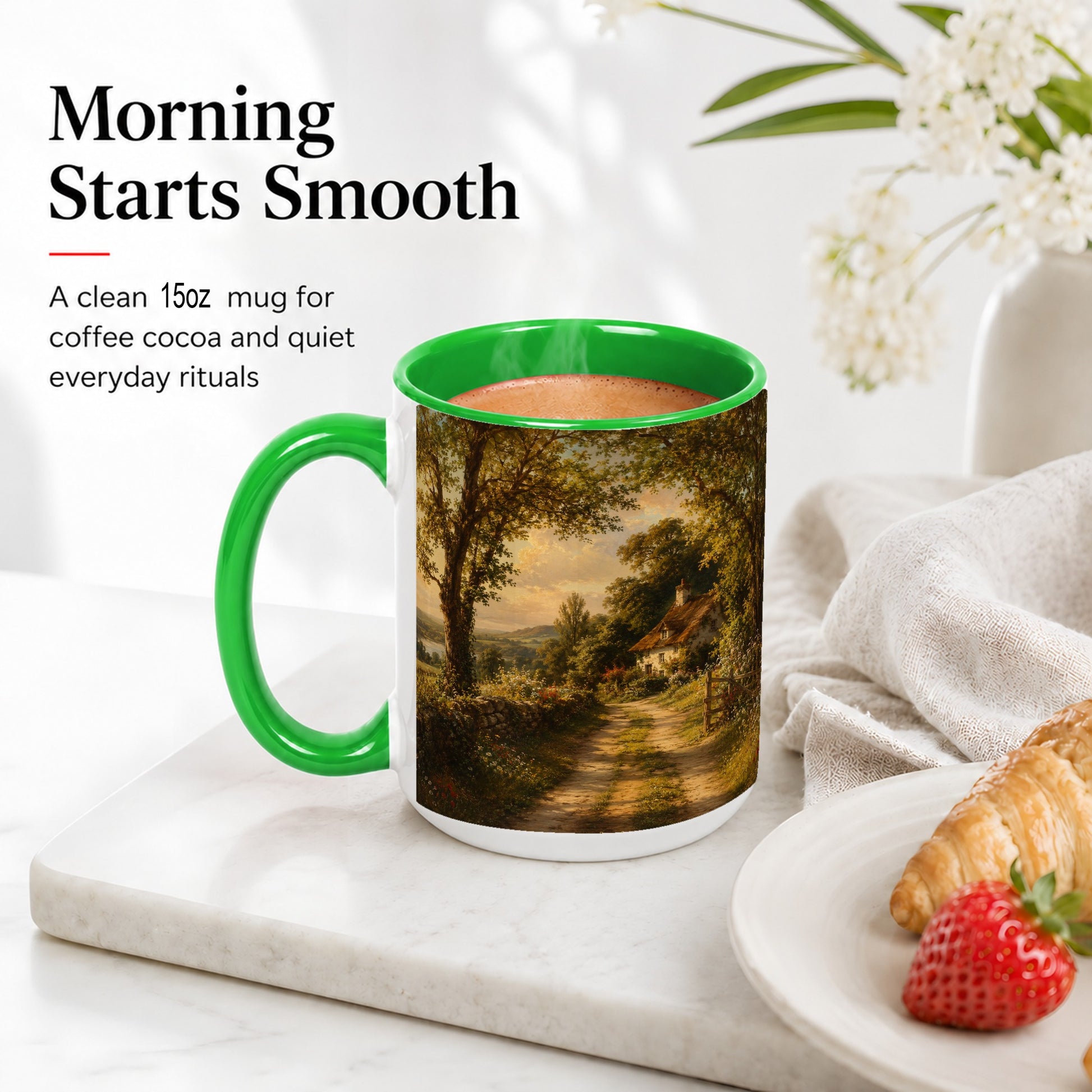 #pl[15oz|Green] Cottage Countryside Ceramic Mug, Golden Garden Path Landscape