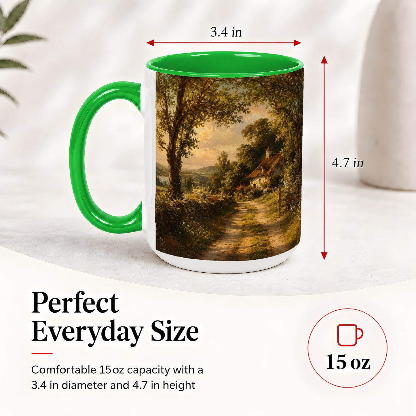 #pl[15oz|Green] Cottage Countryside Ceramic Mug, Golden Garden Path Landscape