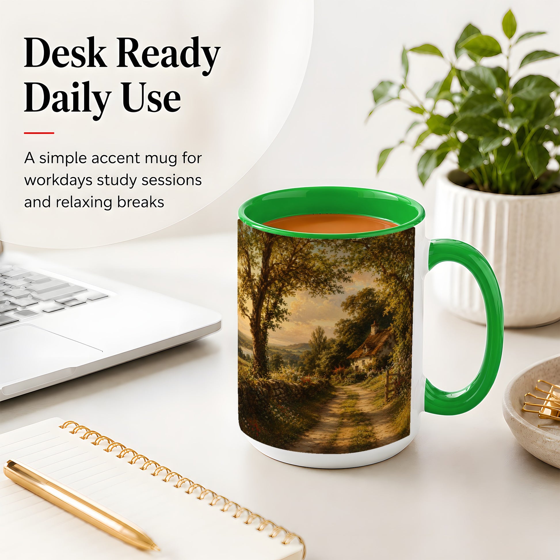 #pl[15oz|Green] Cottage Countryside Ceramic Mug, Golden Garden Path Landscape
