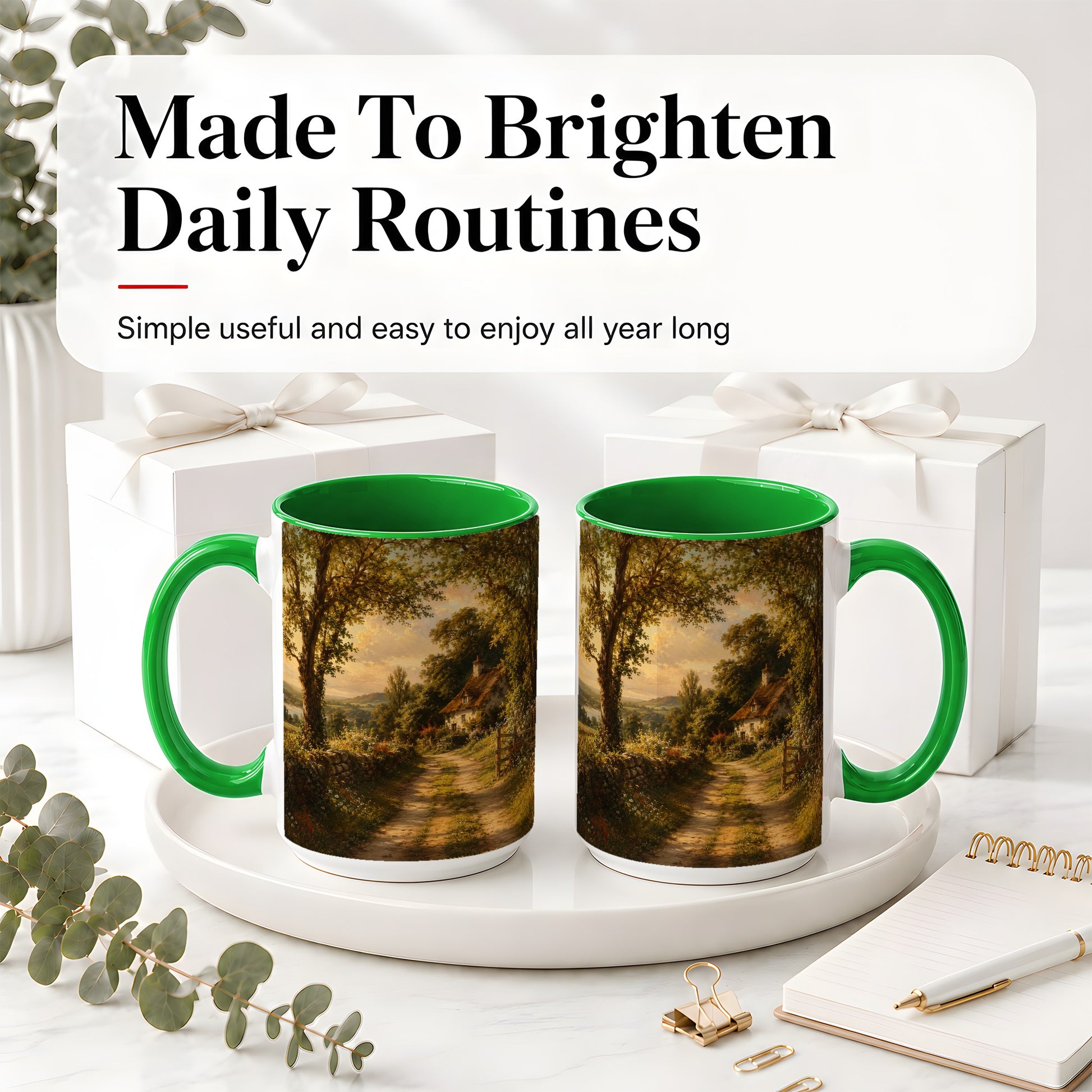 #pl[15oz|Green] Cottage Countryside Ceramic Mug, Golden Garden Path Landscape