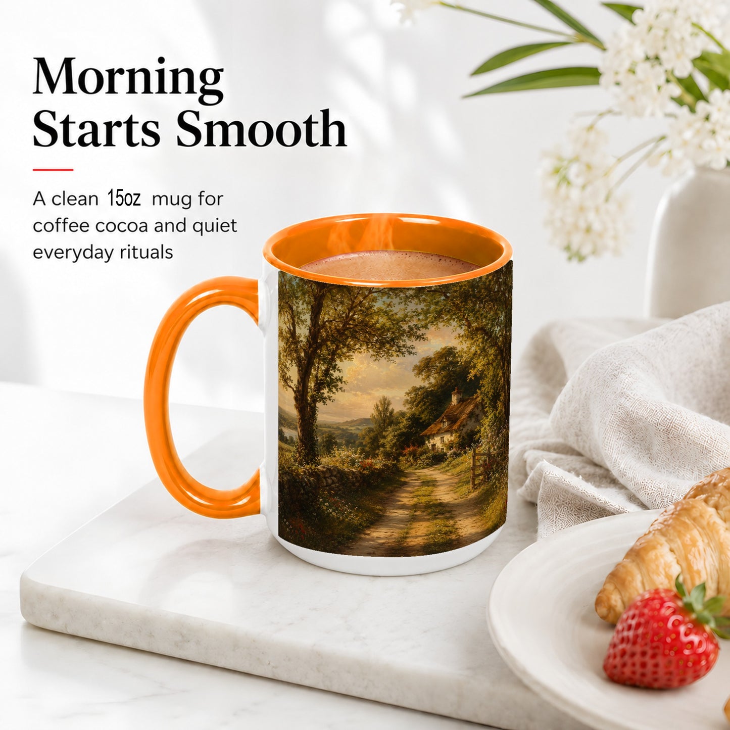 #pl[15oz|Orange] Cottage Countryside Ceramic Mug, Golden Garden Path Landscape