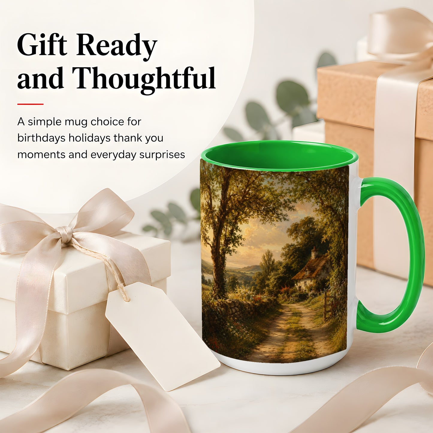 #pl[15oz|Green] Cottage Countryside Ceramic Mug, Golden Garden Path Landscape