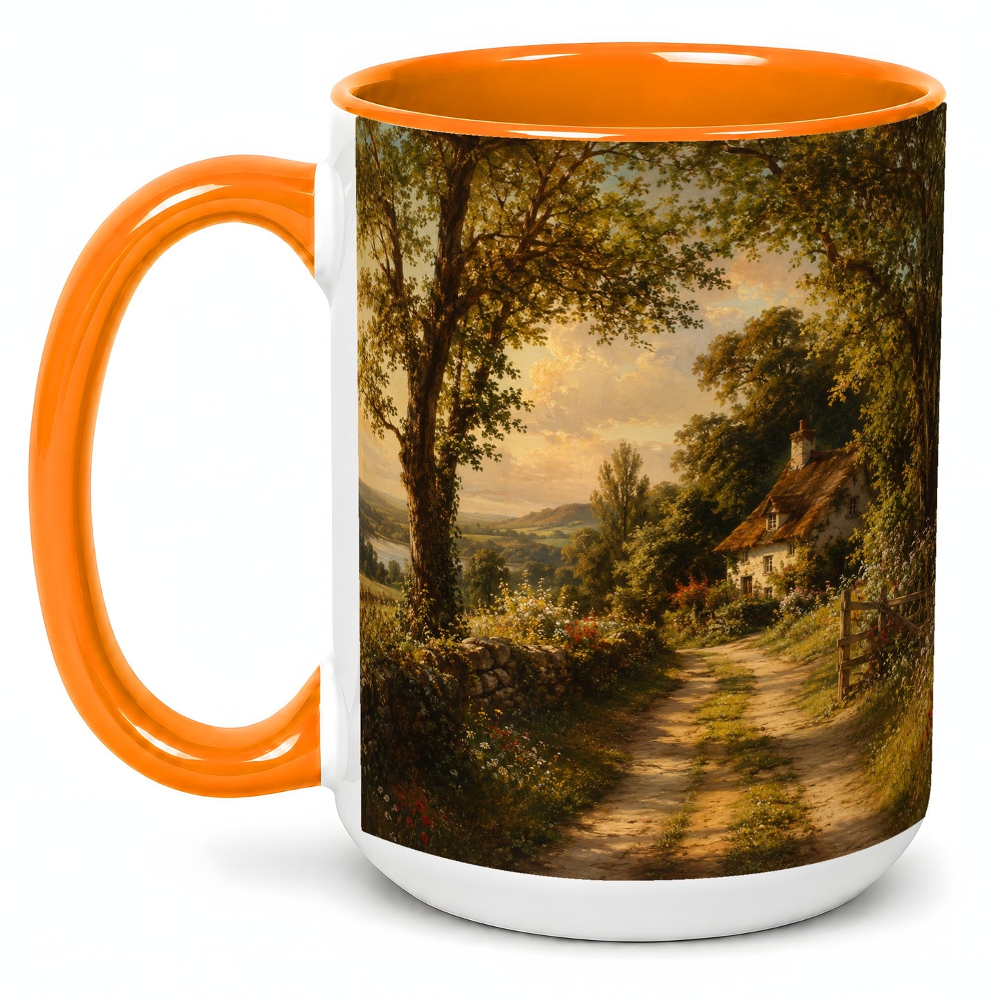 #pl[15oz|Orange] Cottage Countryside Ceramic Mug, Golden Garden Path Landscape