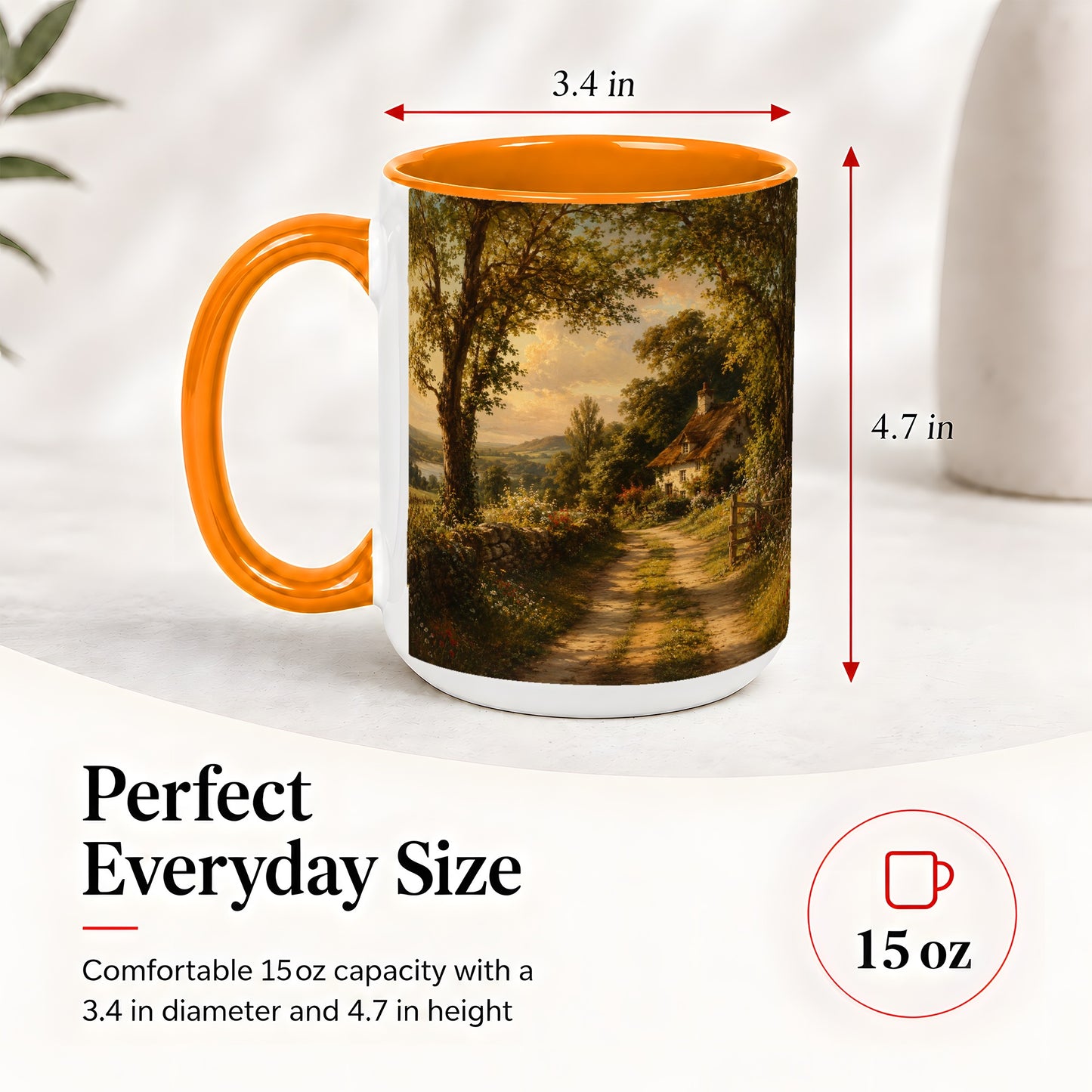 #pl[15oz|Orange] Cottage Countryside Ceramic Mug, Golden Garden Path Landscape