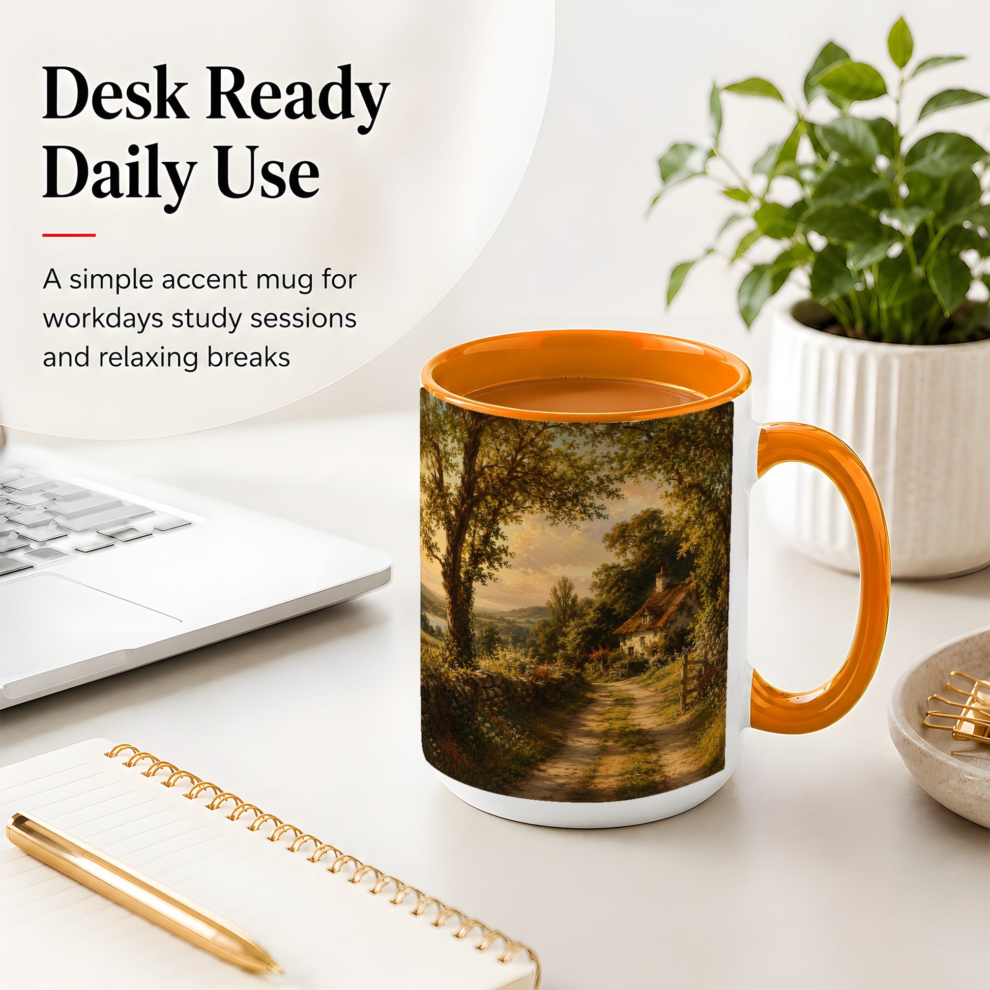 #pl[15oz|Orange] Cottage Countryside Ceramic Mug, Golden Garden Path Landscape