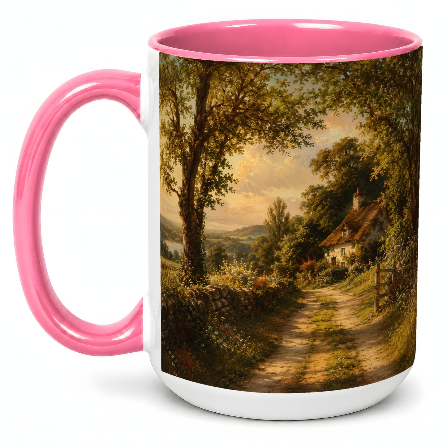 #pl[15oz|Pink] Cottage Countryside Ceramic Mug, Golden Garden Path Landscape