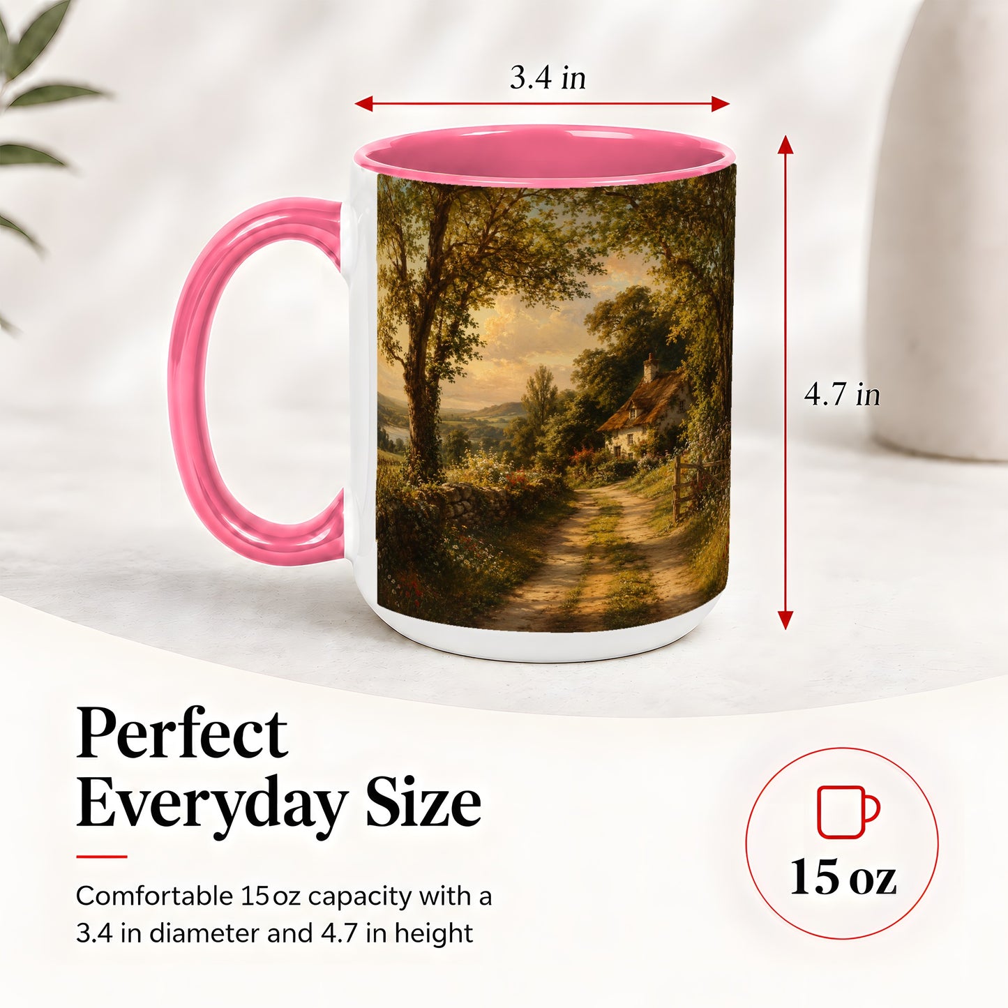 #pl[15oz|Pink] Cottage Countryside Ceramic Mug, Golden Garden Path Landscape