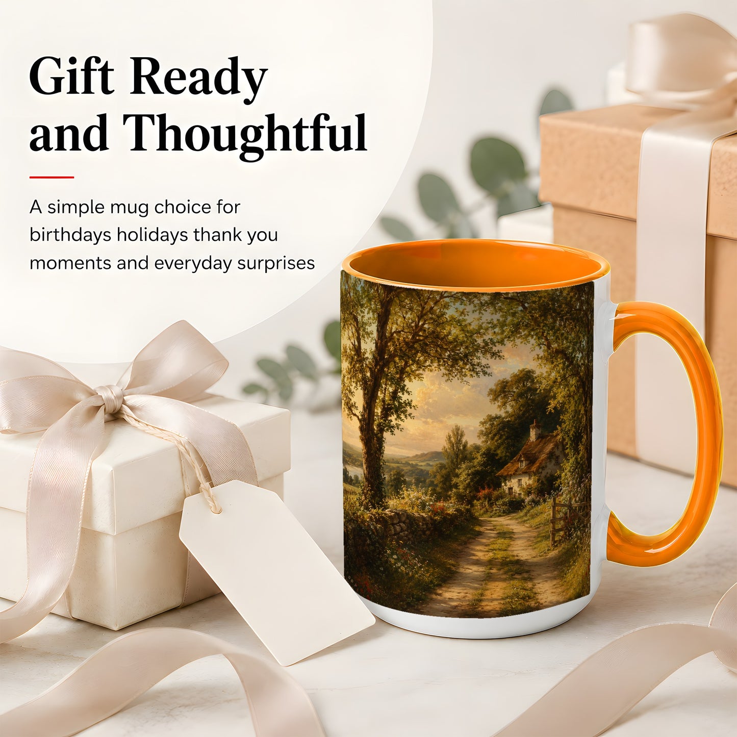 #pl[15oz|Orange] Cottage Countryside Ceramic Mug, Golden Garden Path Landscape