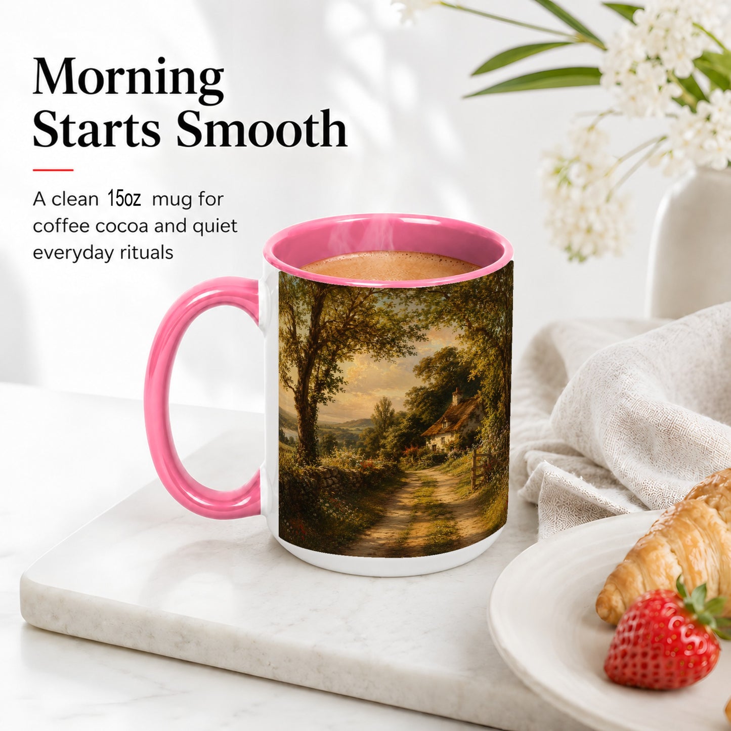 #pl[15oz|Pink] Cottage Countryside Ceramic Mug, Golden Garden Path Landscape