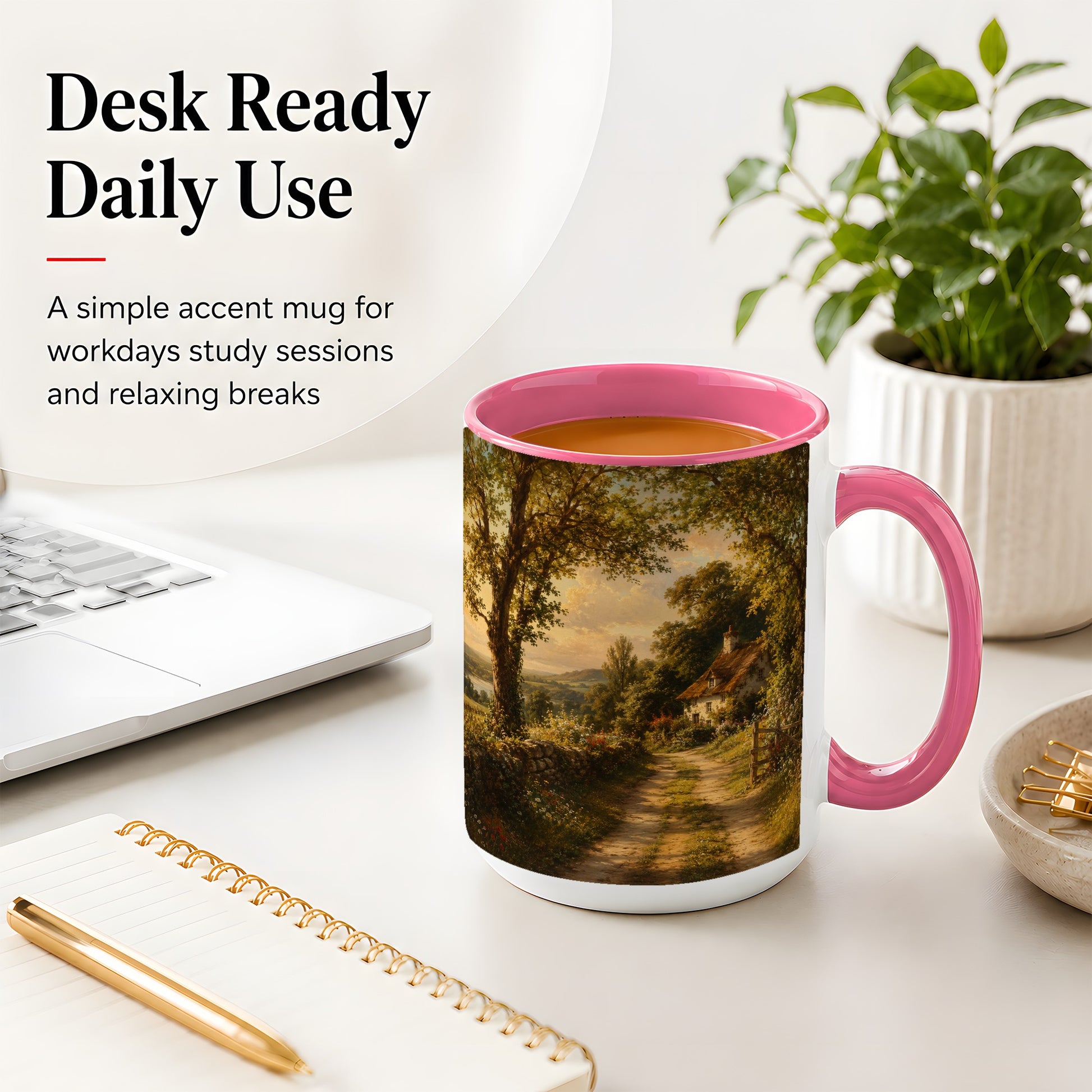 #pl[15oz|Pink] Cottage Countryside Ceramic Mug, Golden Garden Path Landscape