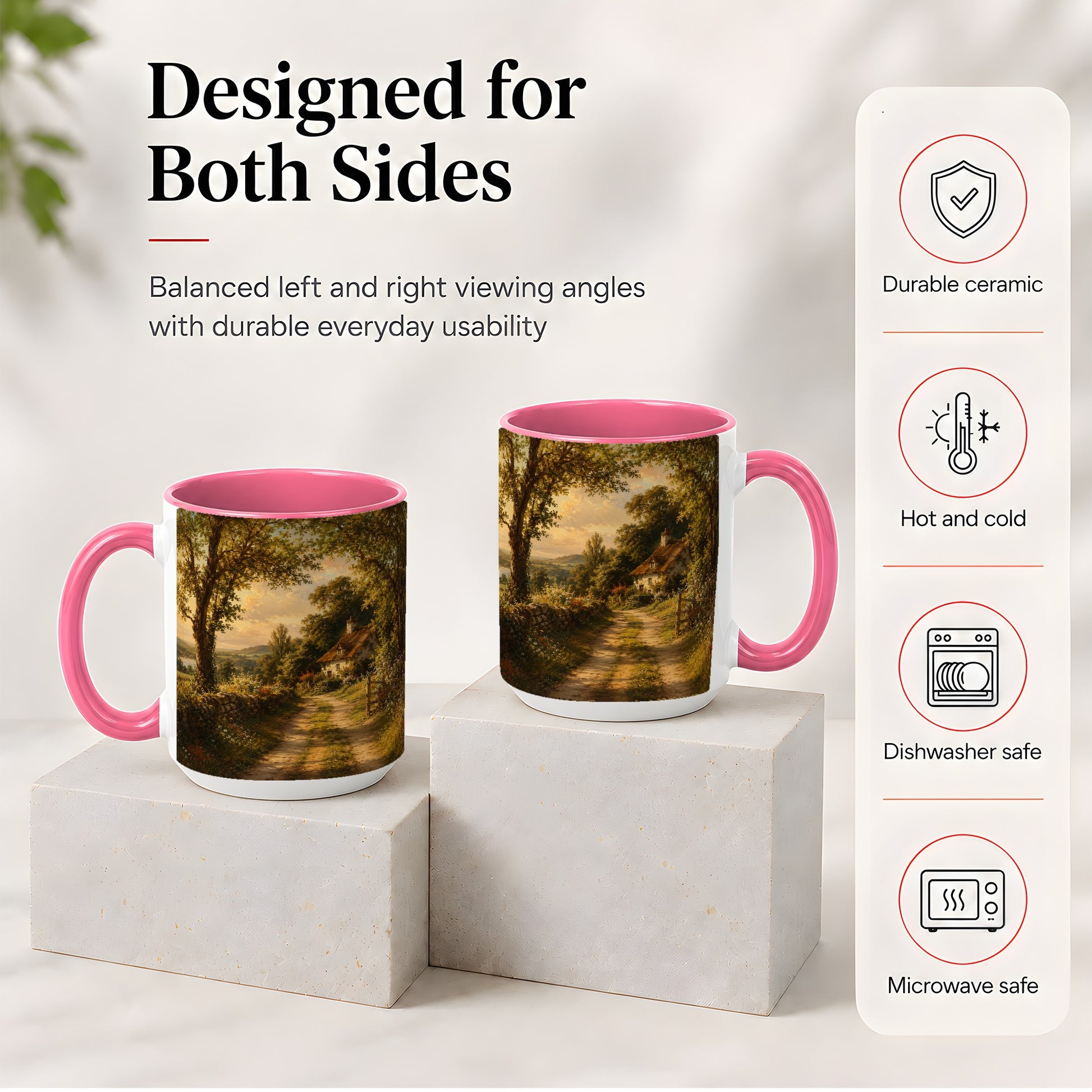 #pl[15oz|Pink] Cottage Countryside Ceramic Mug, Golden Garden Path Landscape