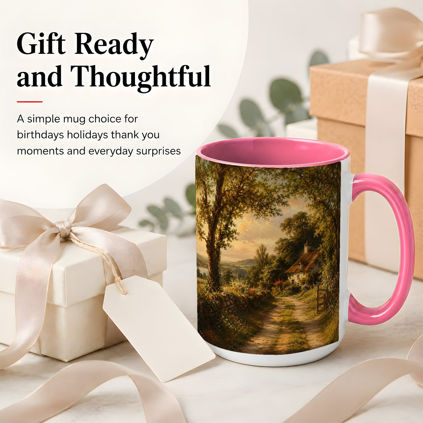 #pl[15oz|Pink] Cottage Countryside Ceramic Mug, Golden Garden Path Landscape