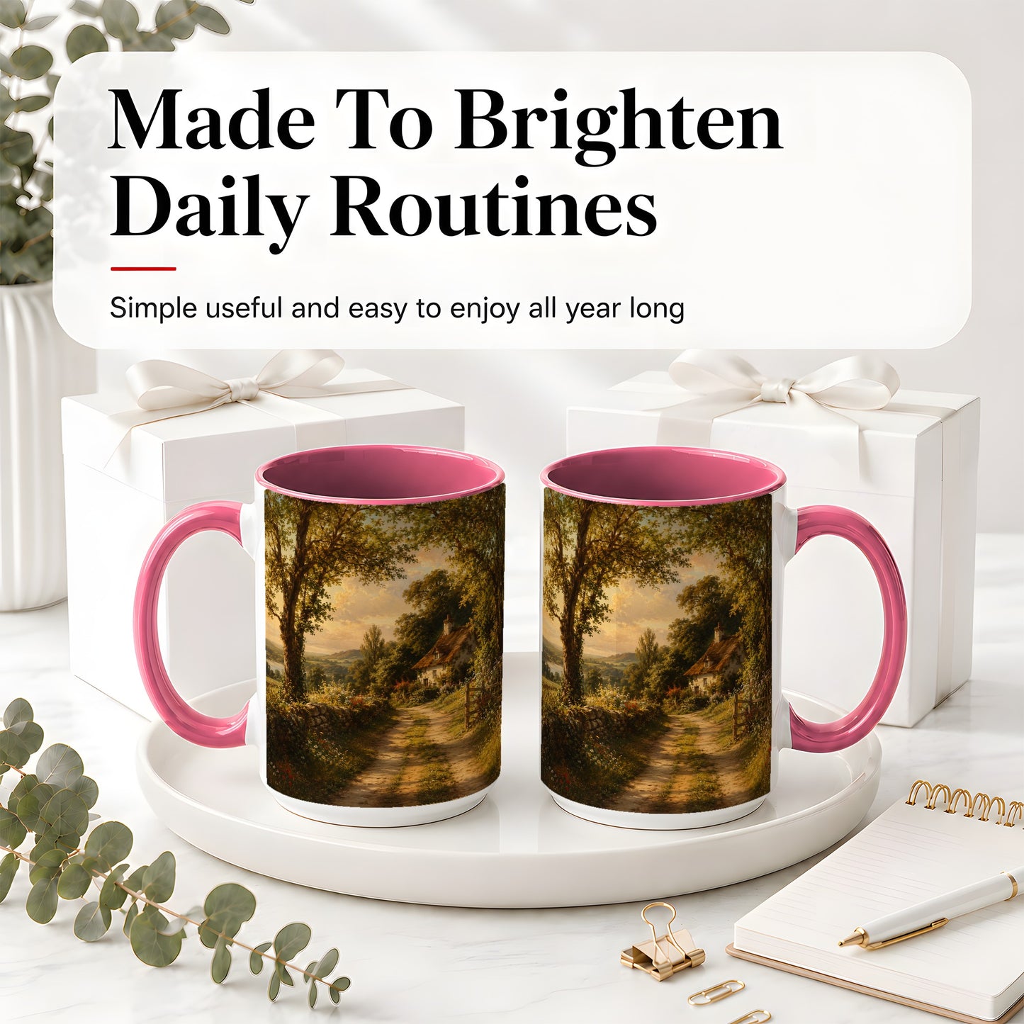 #pl[15oz|Pink] Cottage Countryside Ceramic Mug, Golden Garden Path Landscape