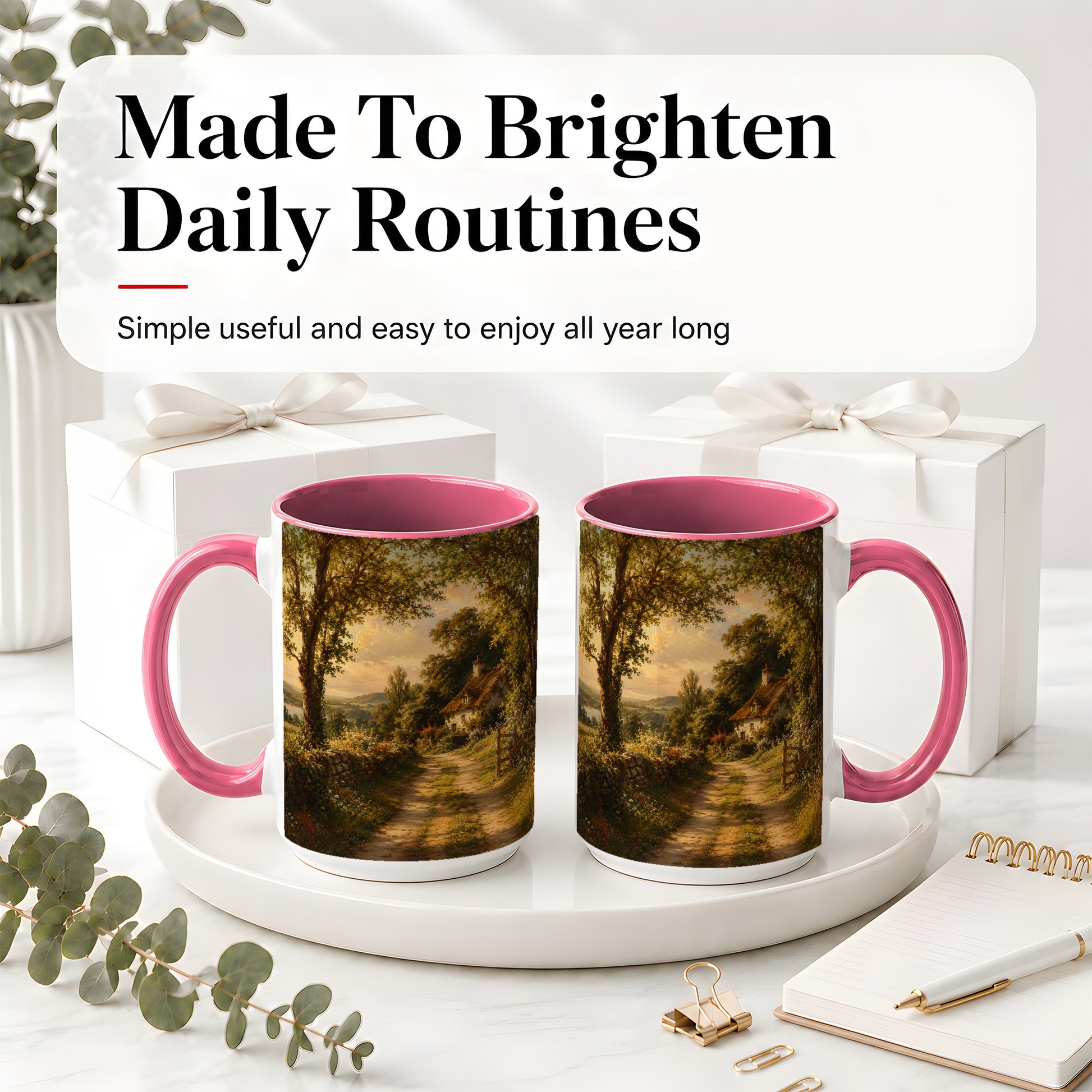 #pl[15oz|Pink] Cottage Countryside Ceramic Mug, Golden Garden Path Landscape