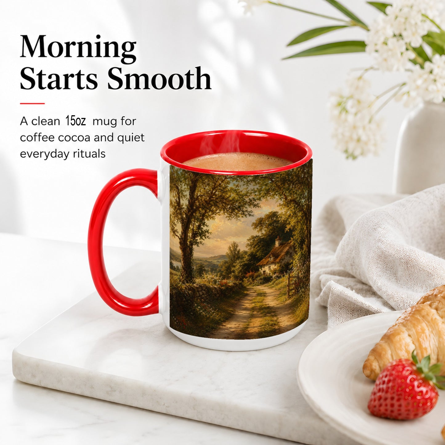 #pl[15oz|Red] Cottage Countryside Ceramic Mug, Golden Garden Path Landscape