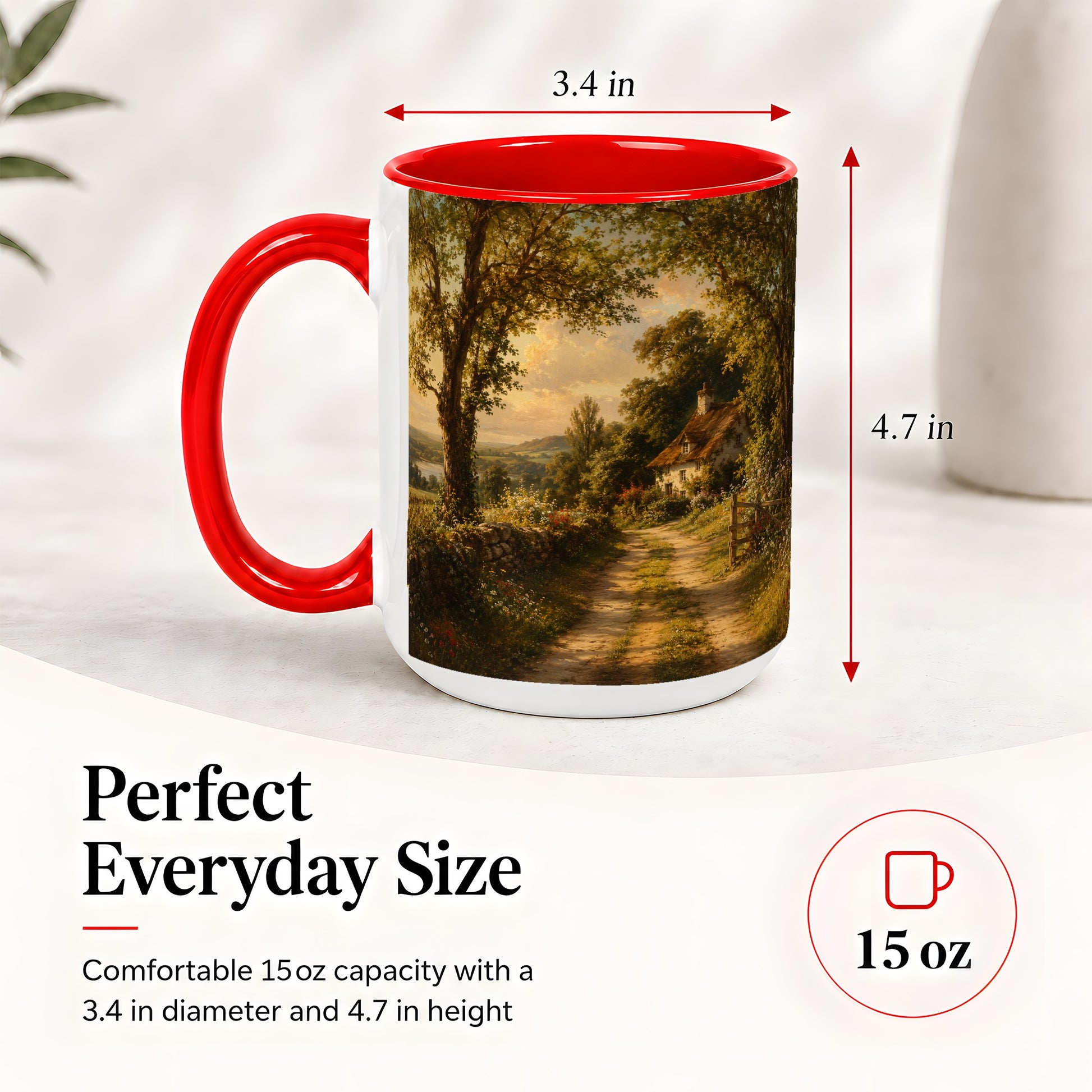 #pl[15oz|Red] Cottage Countryside Ceramic Mug, Golden Garden Path Landscape