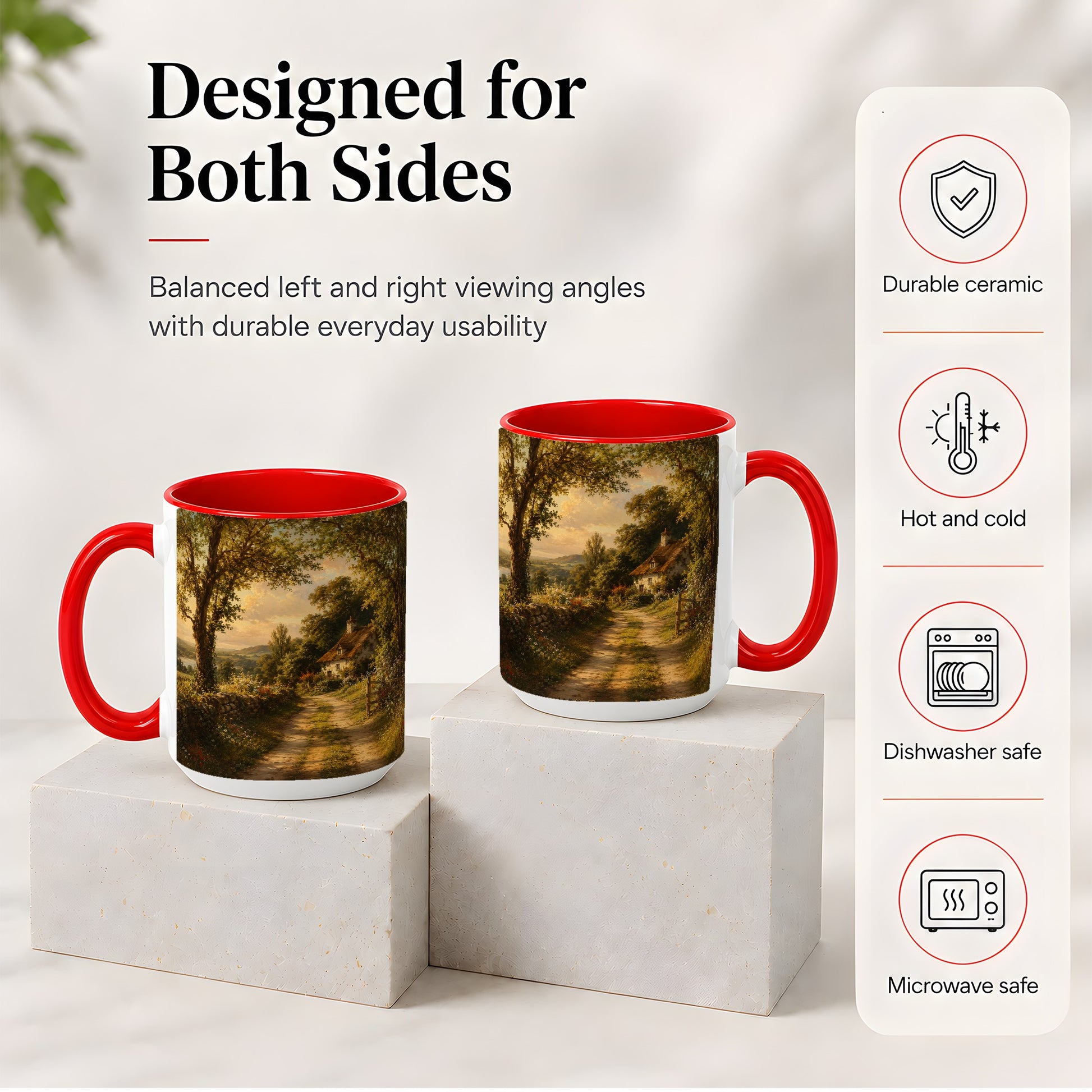 #pl[15oz|Red] Cottage Countryside Ceramic Mug, Golden Garden Path Landscape