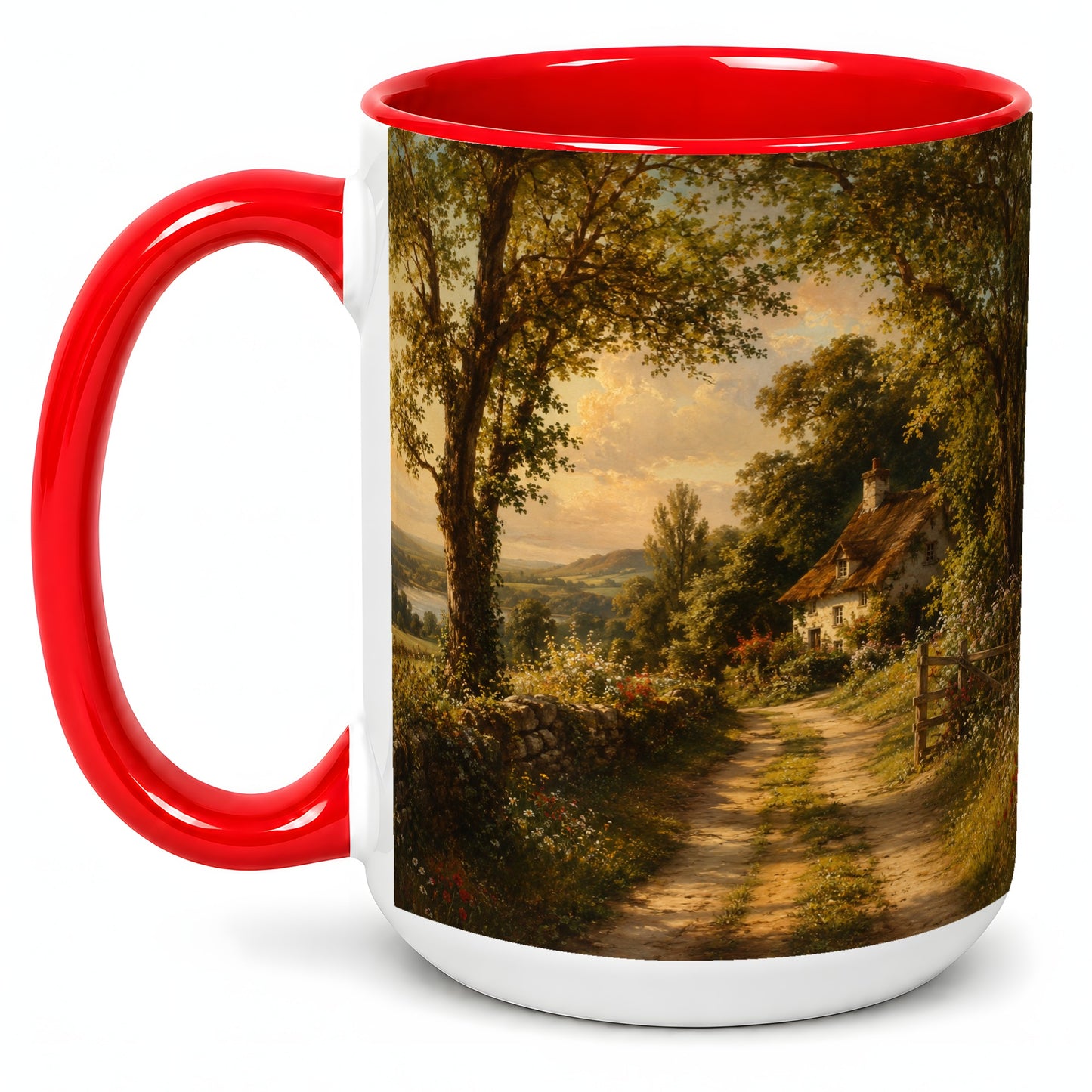 #pl[15oz|Red] Cottage Countryside Ceramic Mug, Golden Garden Path Landscape