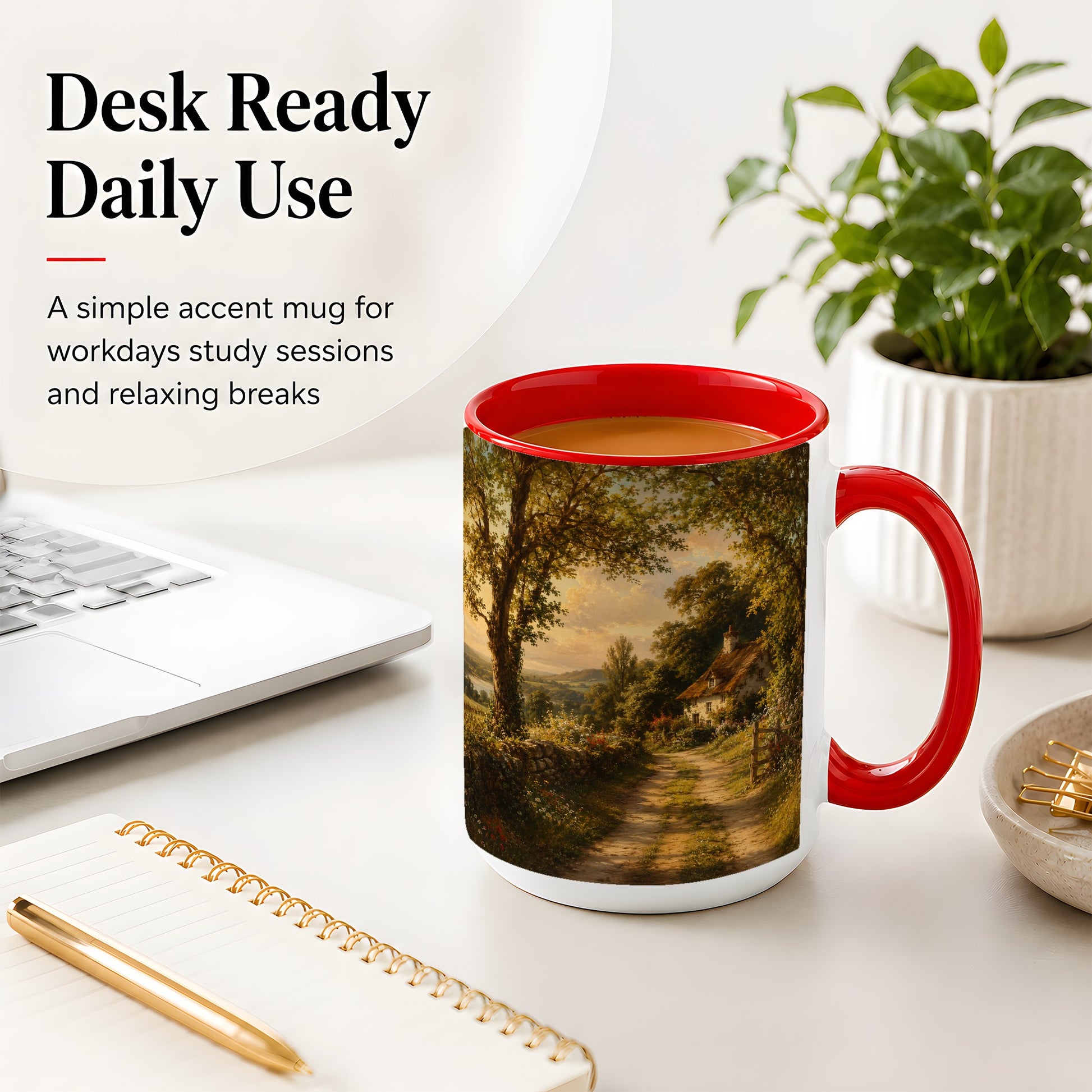 #pl[15oz|Red] Cottage Countryside Ceramic Mug, Golden Garden Path Landscape