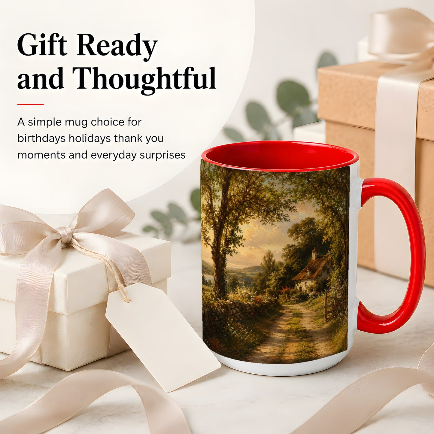 #pl[15oz|Red] Cottage Countryside Ceramic Mug, Golden Garden Path Landscape
