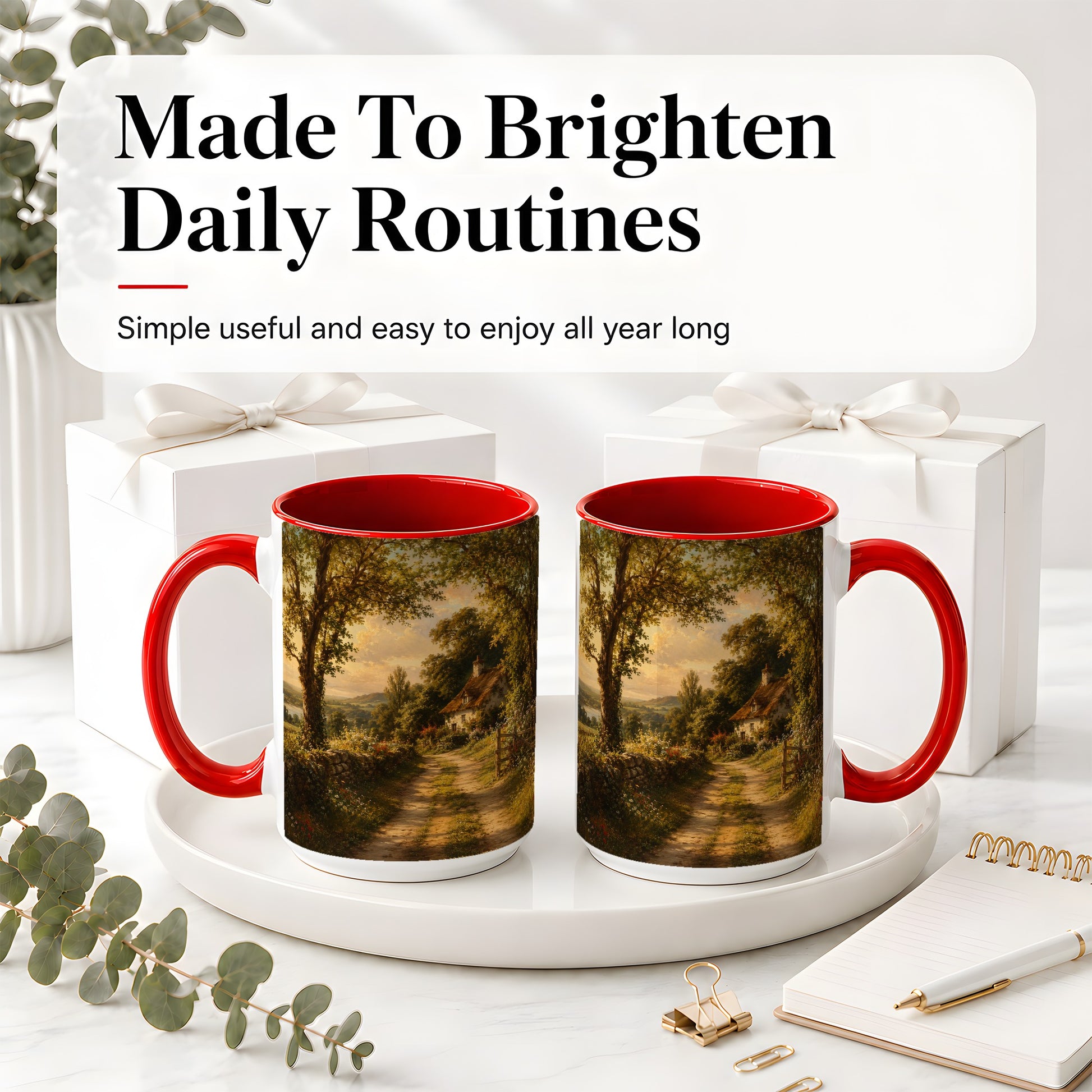 #pl[15oz|Red] Cottage Countryside Ceramic Mug, Golden Garden Path Landscape