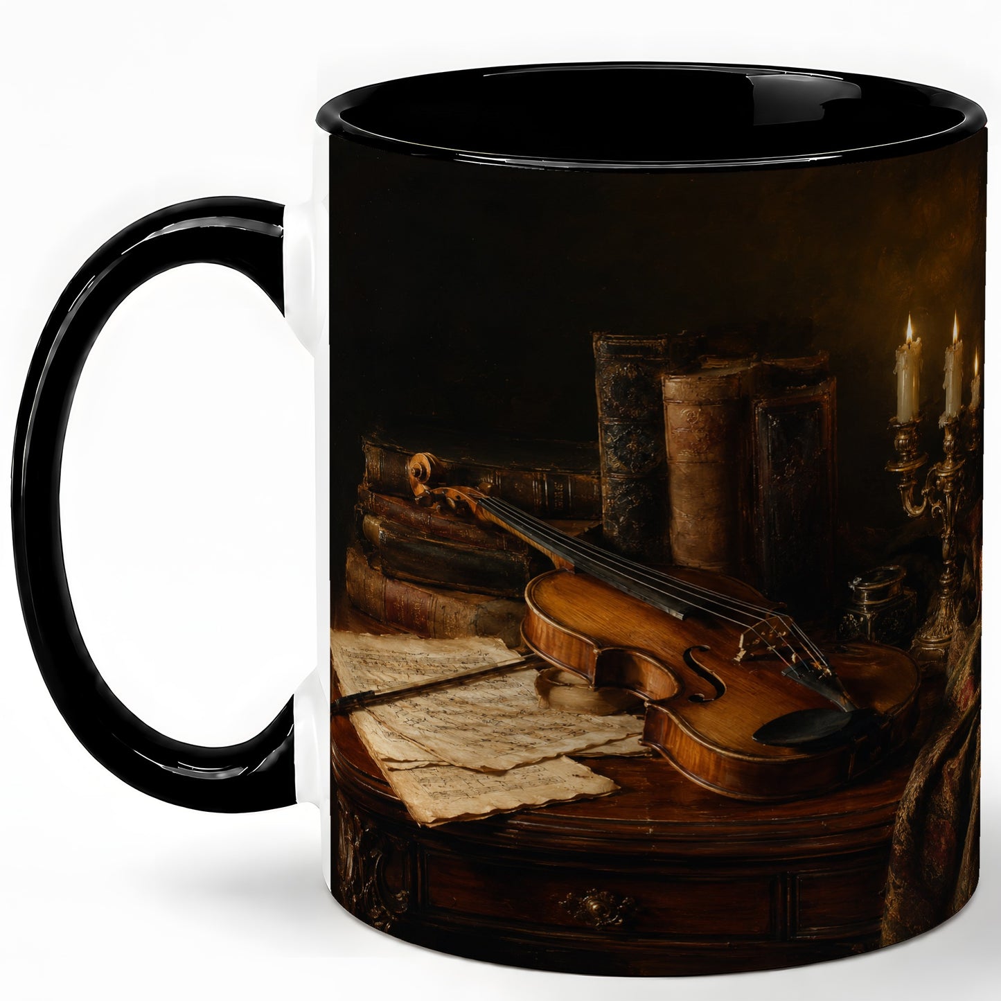 #pl[11oz|Black] Violin Still Life Ceramic Mug, Candlelit Books and Sheet Music