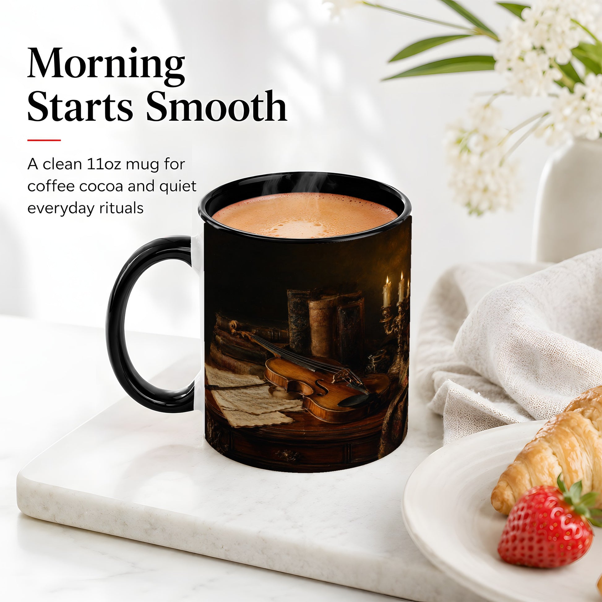 #pl[11oz|Black] Violin Still Life Ceramic Mug, Candlelit Books and Sheet Music