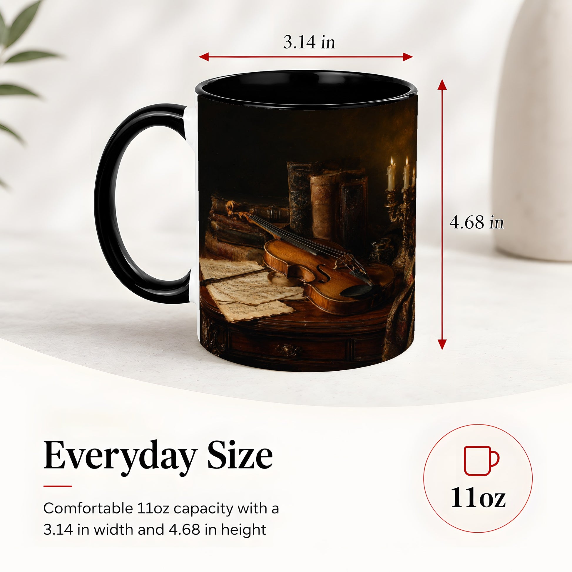 #pl[11oz|Black] Violin Still Life Ceramic Mug, Candlelit Books and Sheet Music