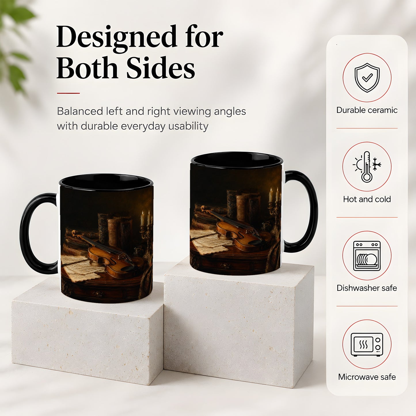 #pl[11oz|Black] Violin Still Life Ceramic Mug, Candlelit Books and Sheet Music