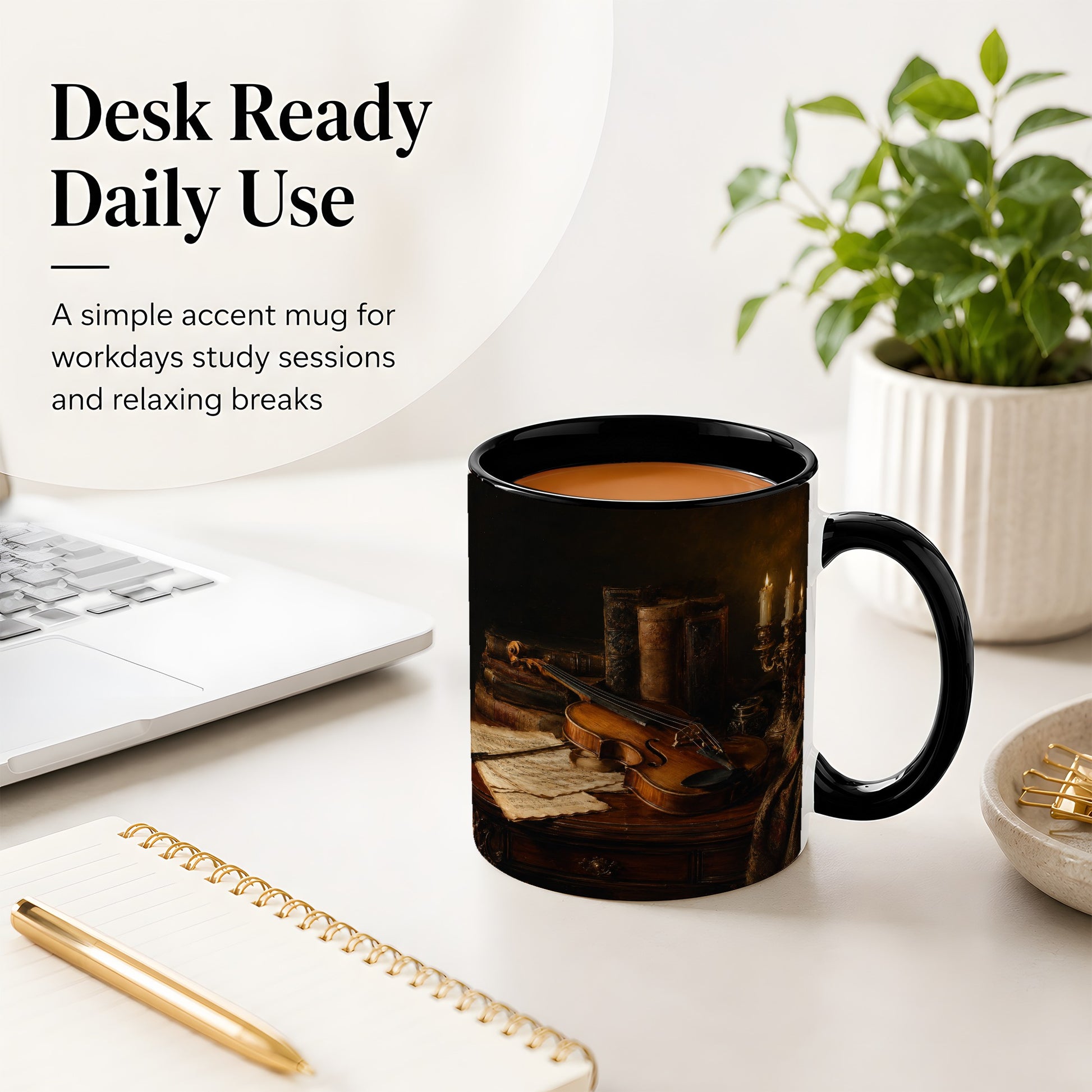 #pl[11oz|Black] Violin Still Life Ceramic Mug, Candlelit Books and Sheet Music