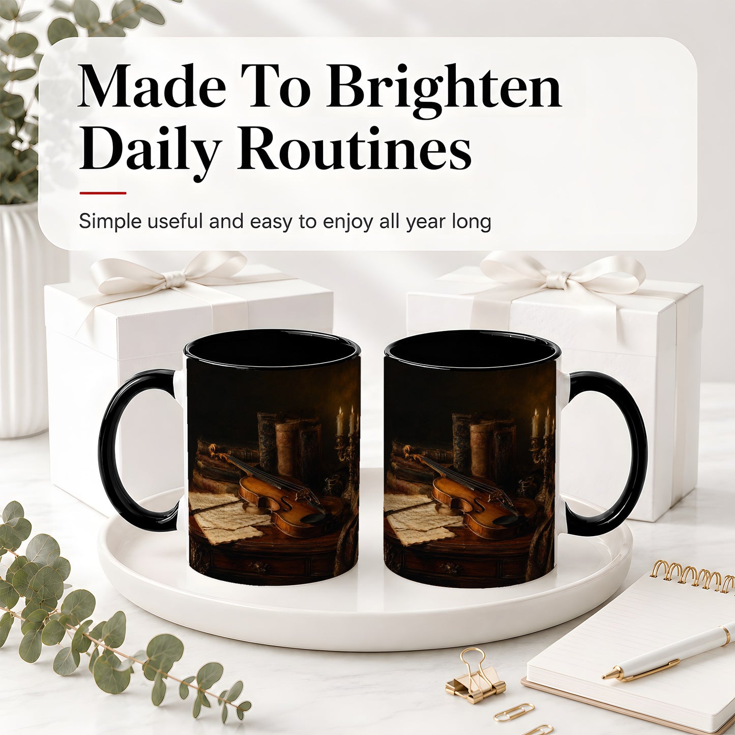 #pl[11oz|Black] Violin Still Life Ceramic Mug, Candlelit Books and Sheet Music