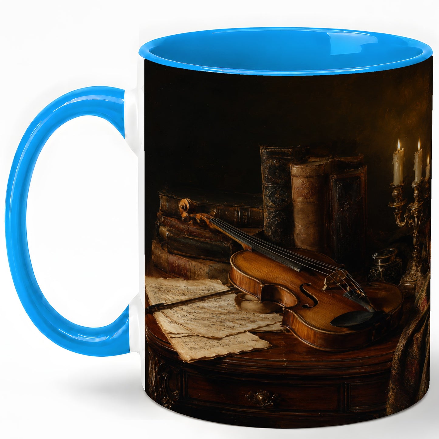 #pl[11oz|Blue] Violin Still Life Ceramic Mug, Candlelit Books and Sheet Music