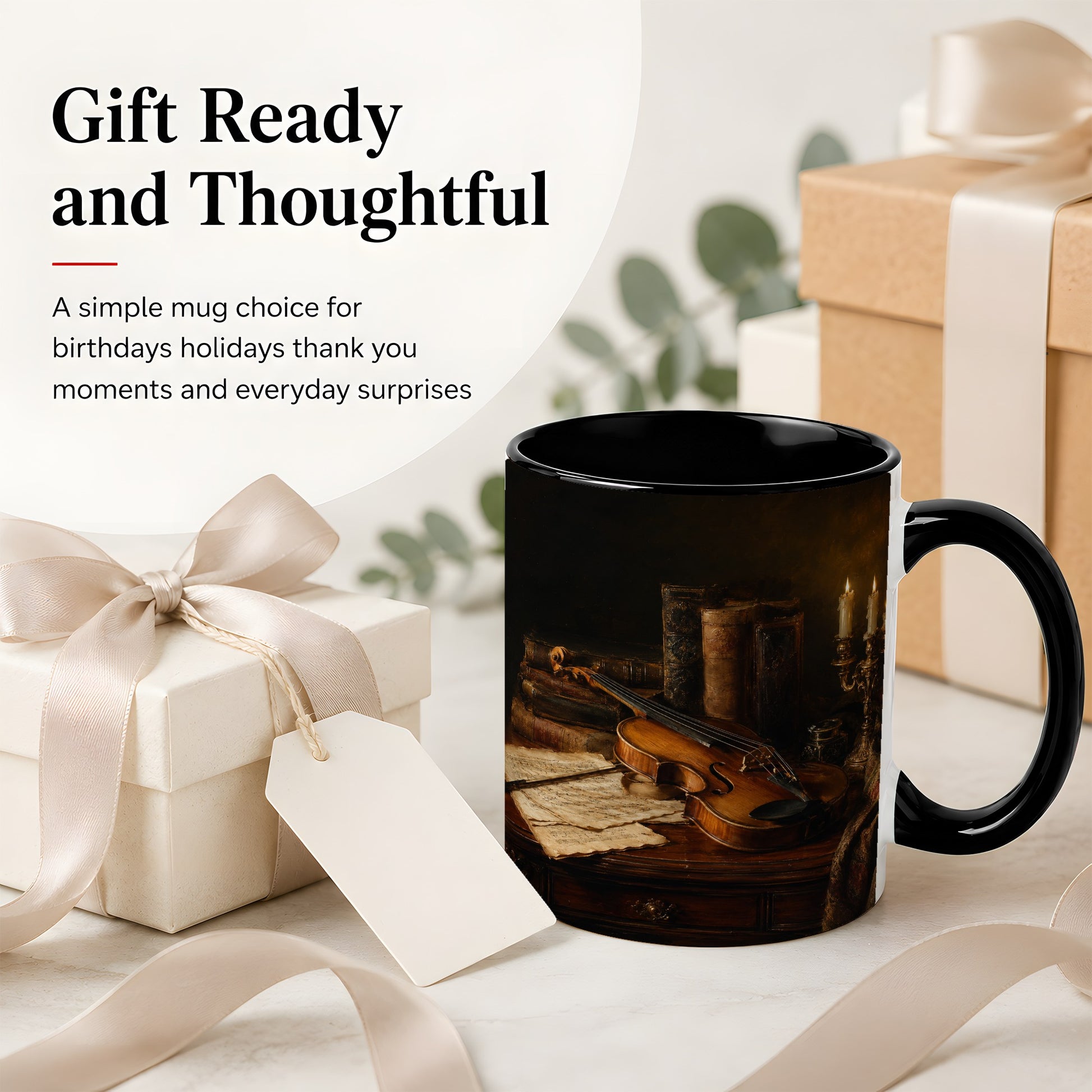 #pl[11oz|Black] Violin Still Life Ceramic Mug, Candlelit Books and Sheet Music