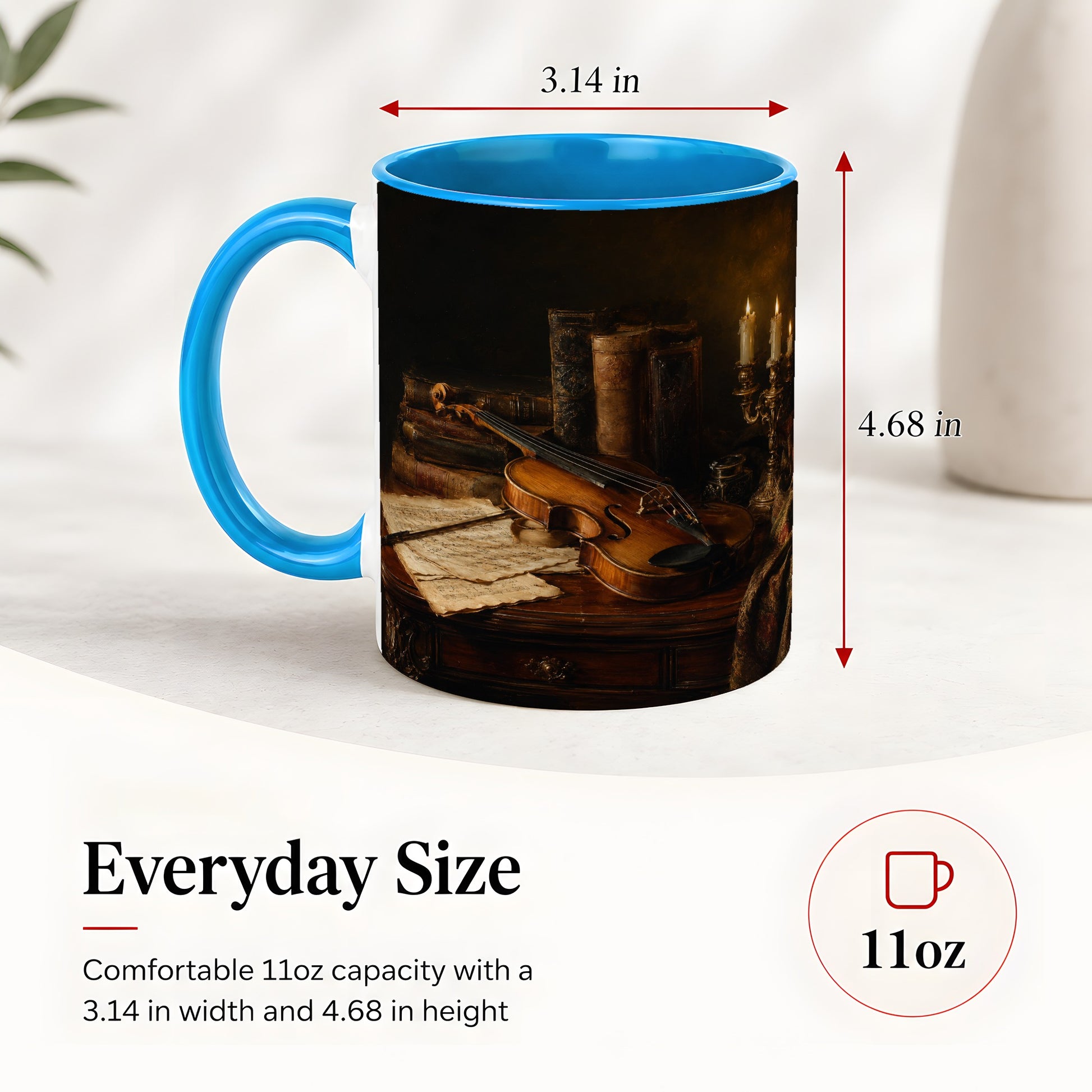 #pl[11oz|Blue] Violin Still Life Ceramic Mug, Candlelit Books and Sheet Music
