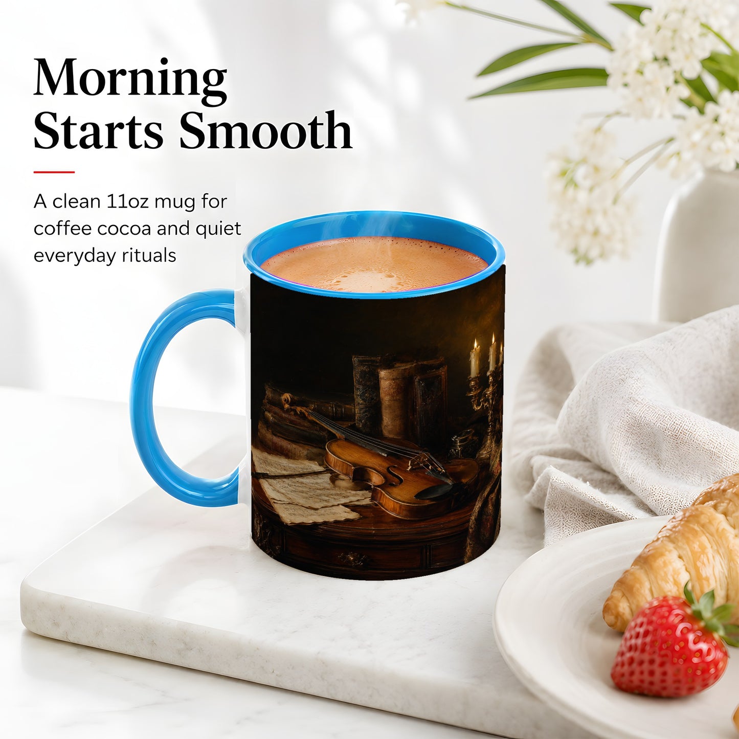 #pl[11oz|Blue] Violin Still Life Ceramic Mug, Candlelit Books and Sheet Music