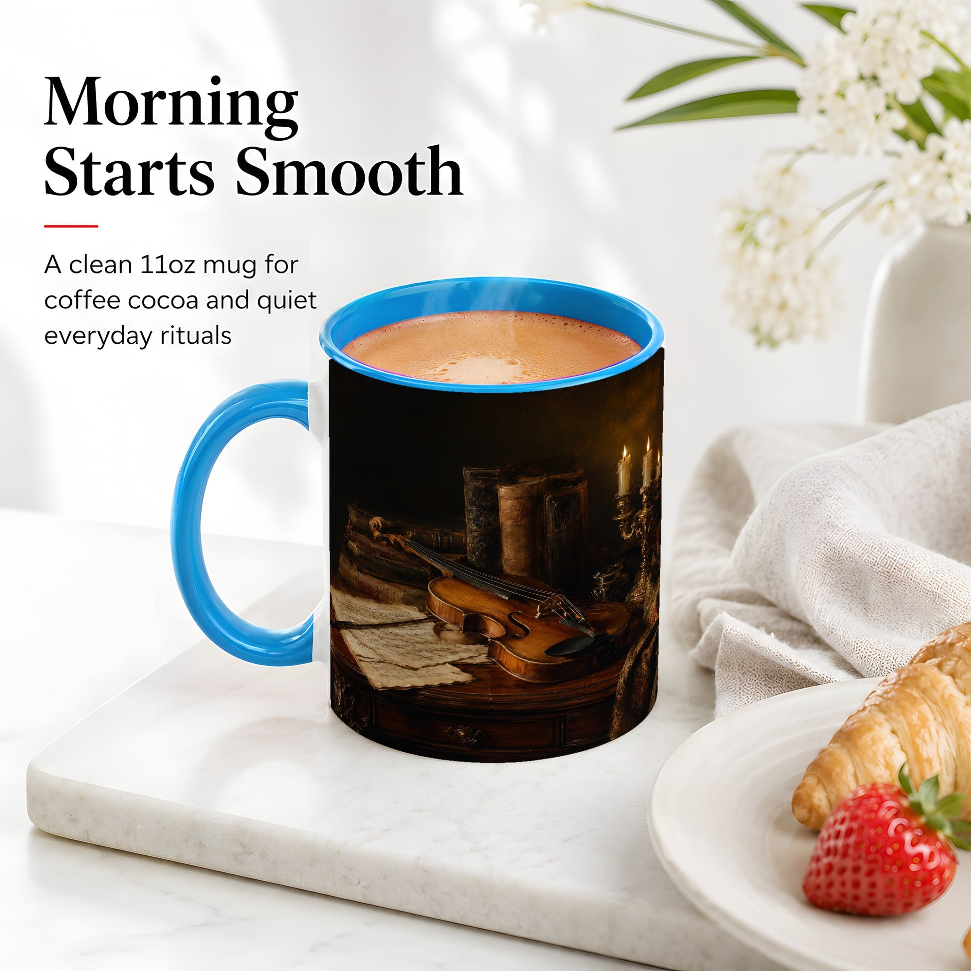 #pl[11oz|Blue] Violin Still Life Ceramic Mug, Candlelit Books and Sheet Music