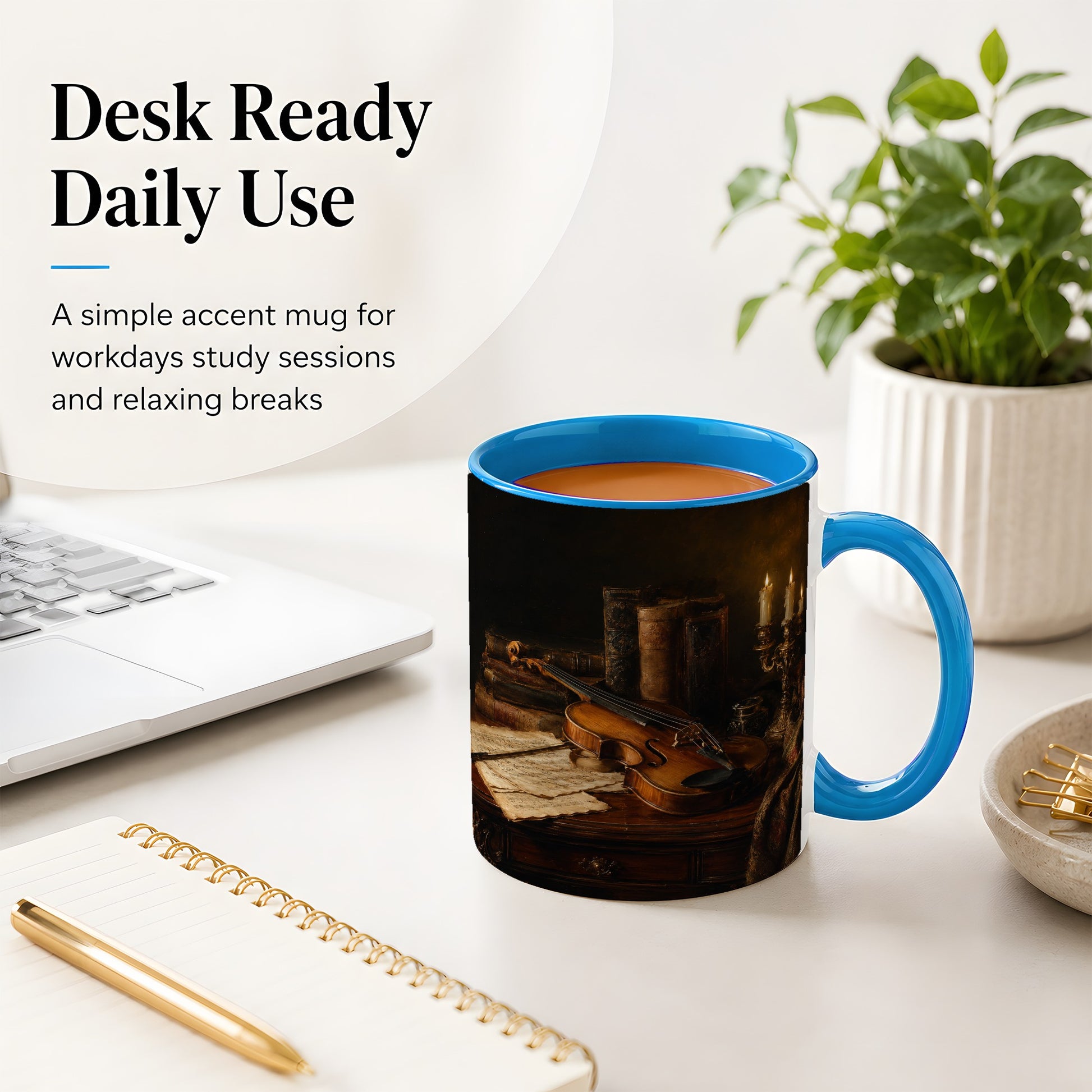 #pl[11oz|Blue] Violin Still Life Ceramic Mug, Candlelit Books and Sheet Music