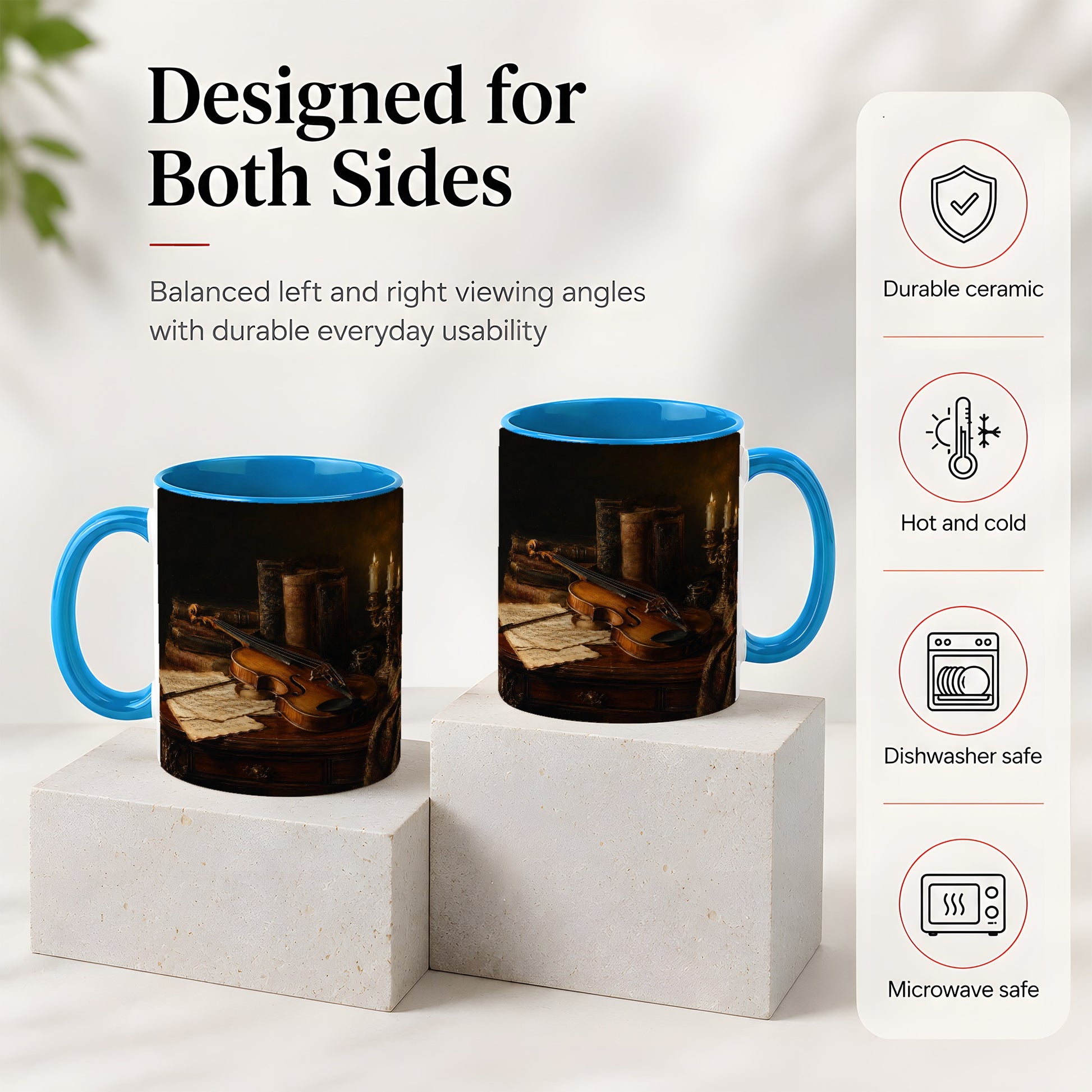 #pl[11oz|Blue] Violin Still Life Ceramic Mug, Candlelit Books and Sheet Music