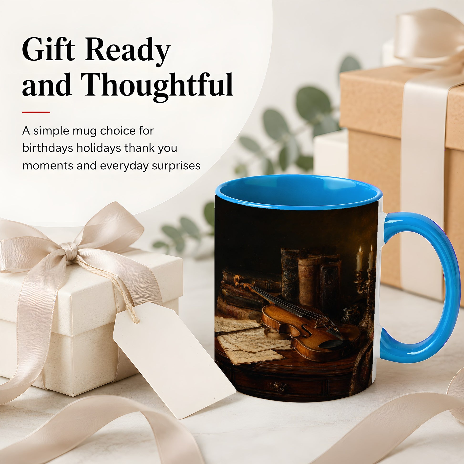 #pl[11oz|Blue] Violin Still Life Ceramic Mug, Candlelit Books and Sheet Music