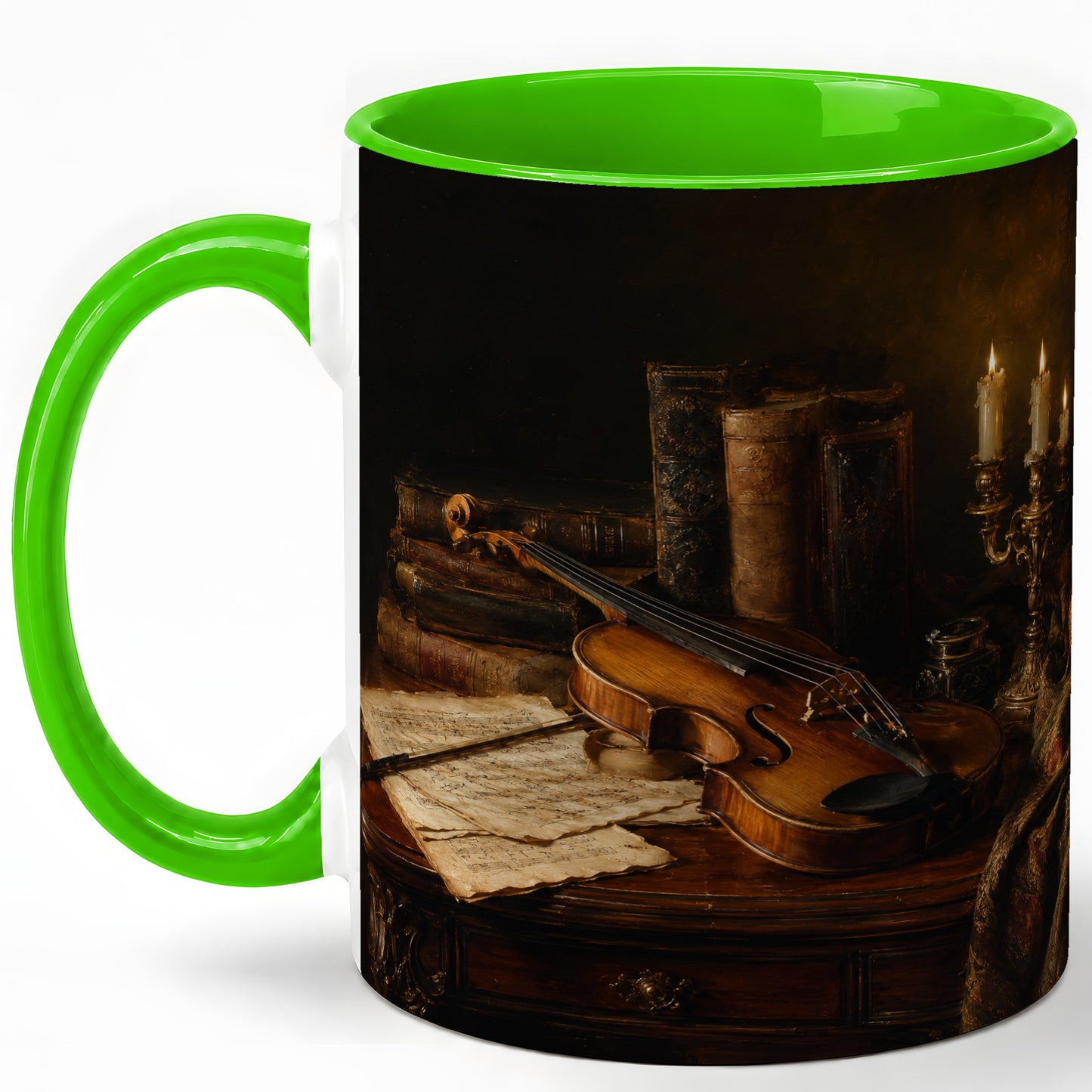 #pl[11oz|Green] Violin Still Life Ceramic Mug, Candlelit Books and Sheet Music