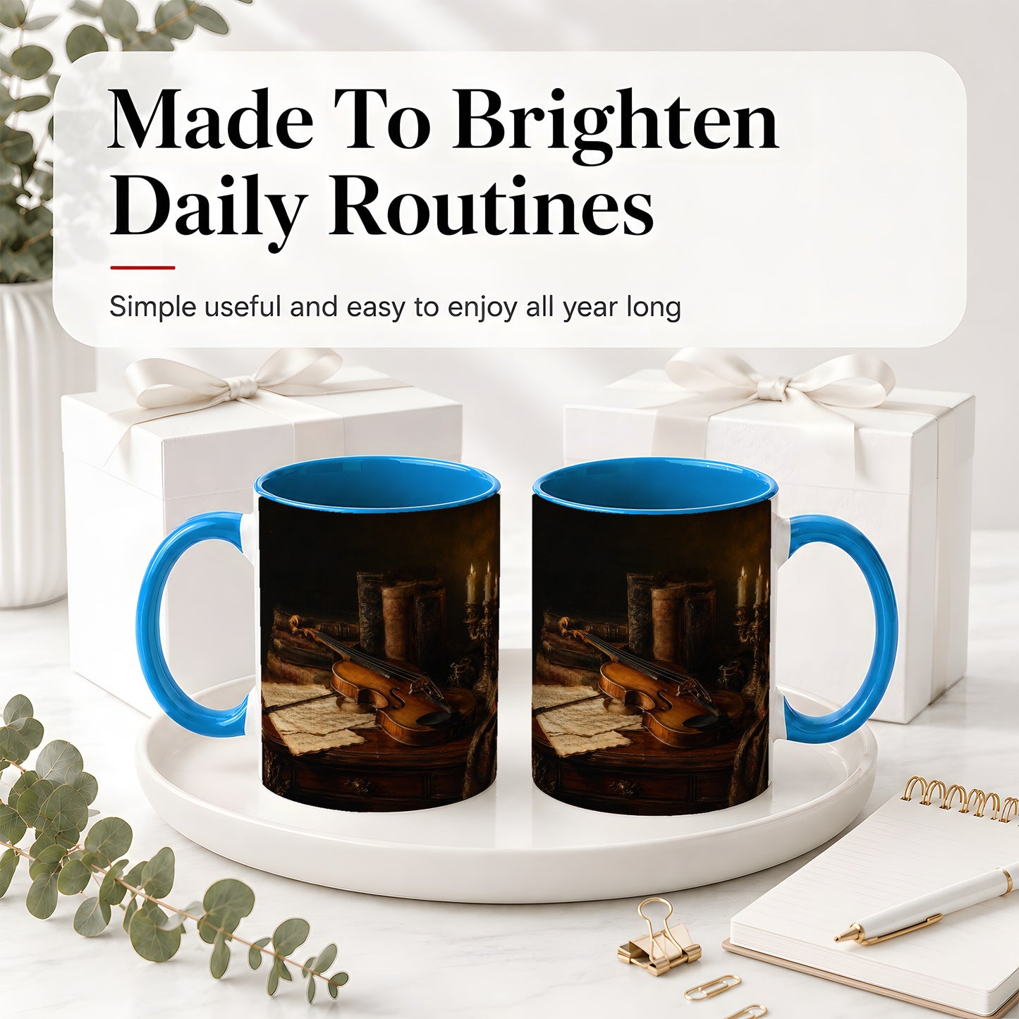#pl[11oz|Blue] Violin Still Life Ceramic Mug, Candlelit Books and Sheet Music