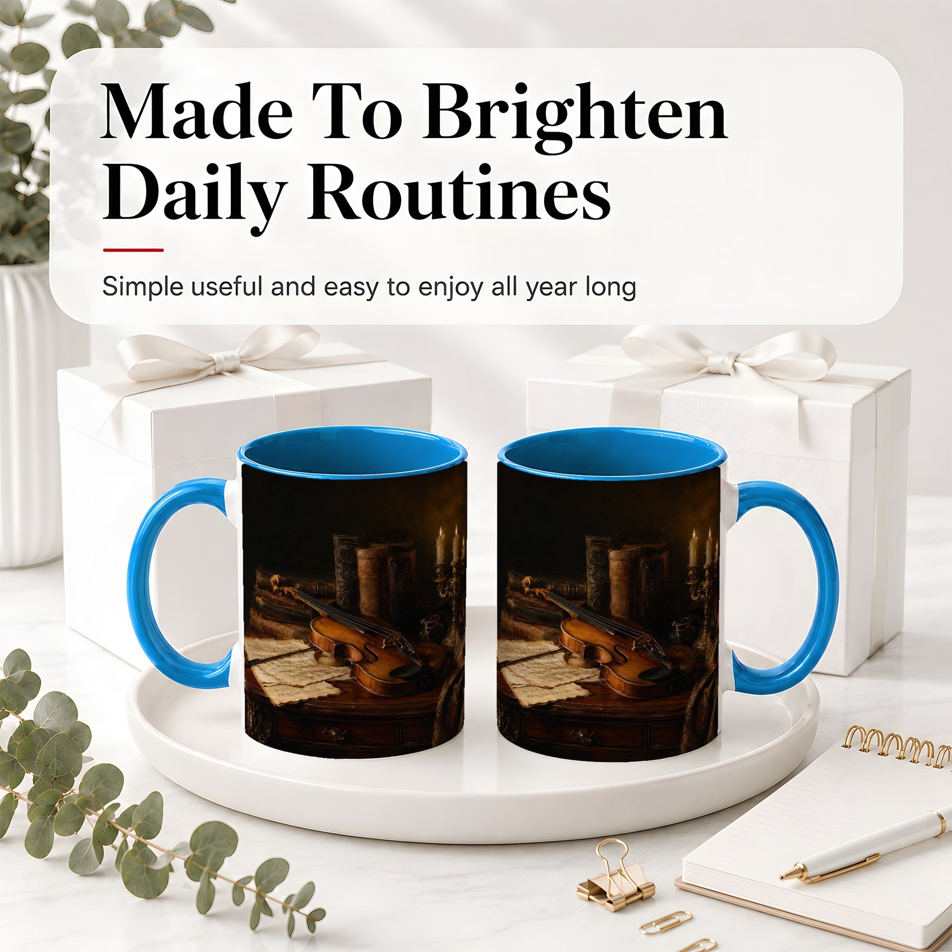 #pl[11oz|Blue] Violin Still Life Ceramic Mug, Candlelit Books and Sheet Music