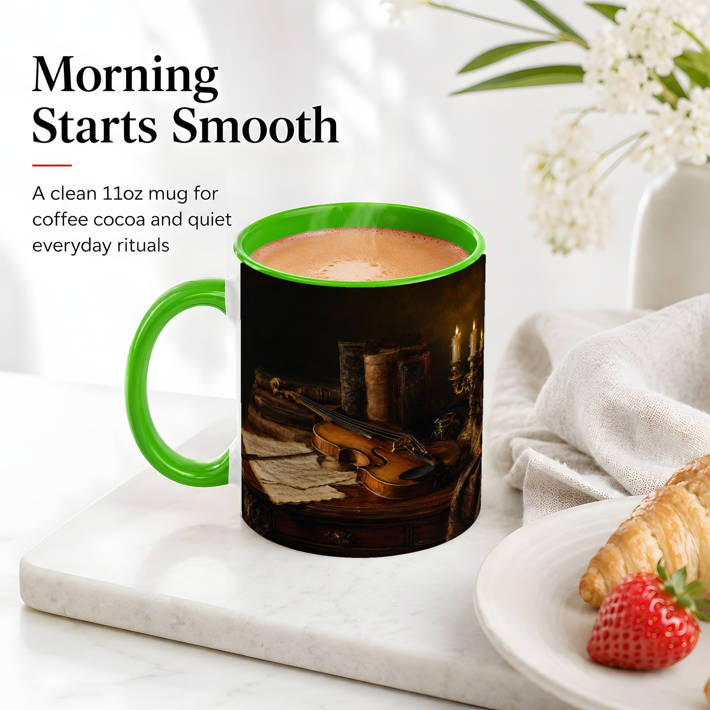 #pl[11oz|Green] Violin Still Life Ceramic Mug, Candlelit Books and Sheet Music