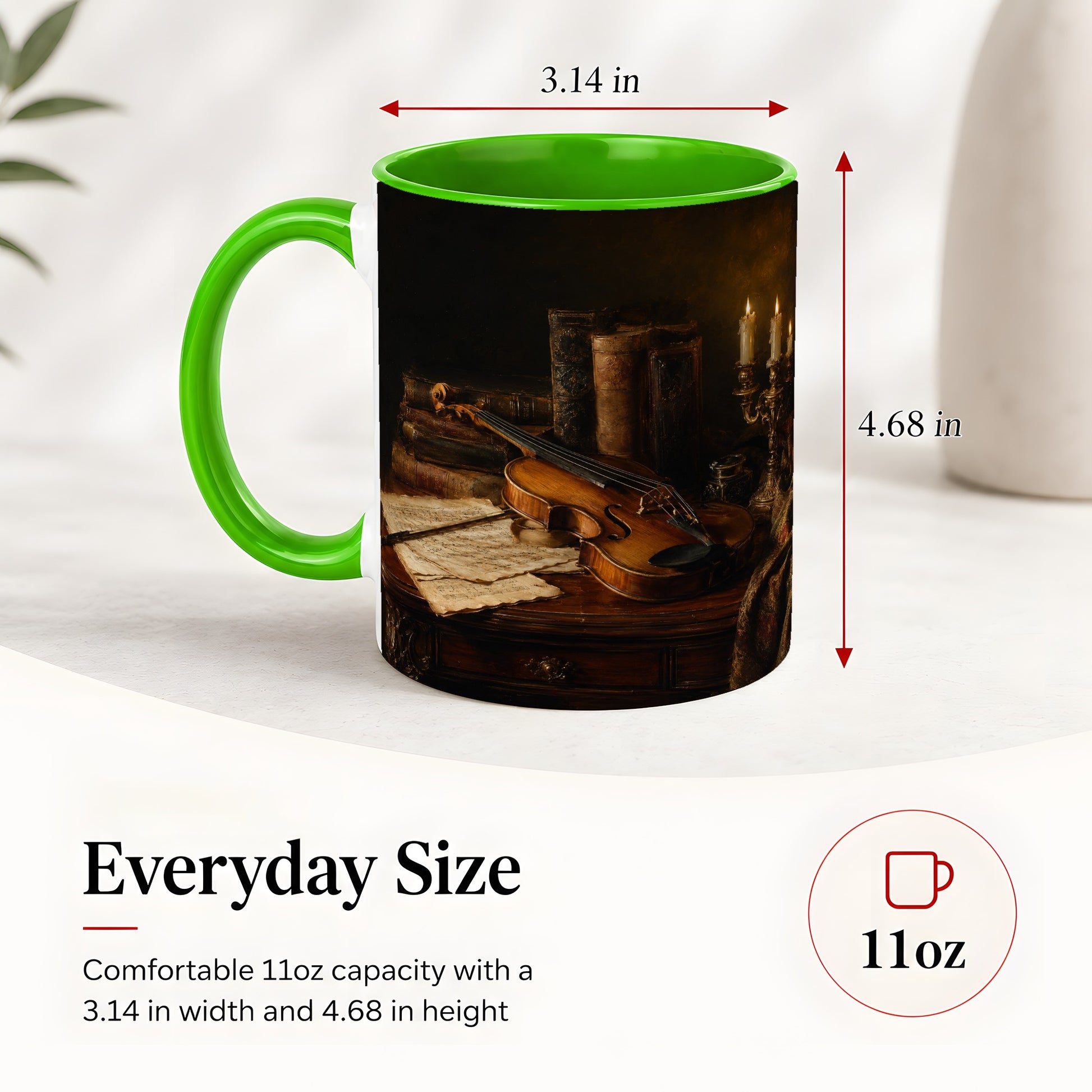 #pl[11oz|Green] Violin Still Life Ceramic Mug, Candlelit Books and Sheet Music
