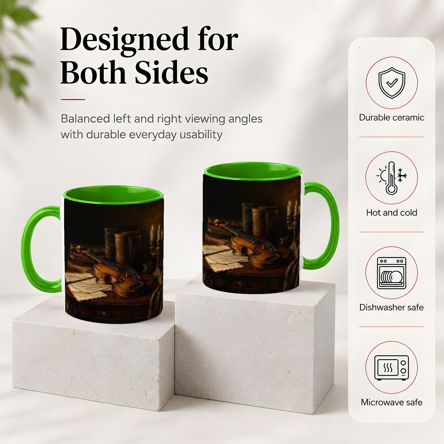 #pl[11oz|Green] Violin Still Life Ceramic Mug, Candlelit Books and Sheet Music